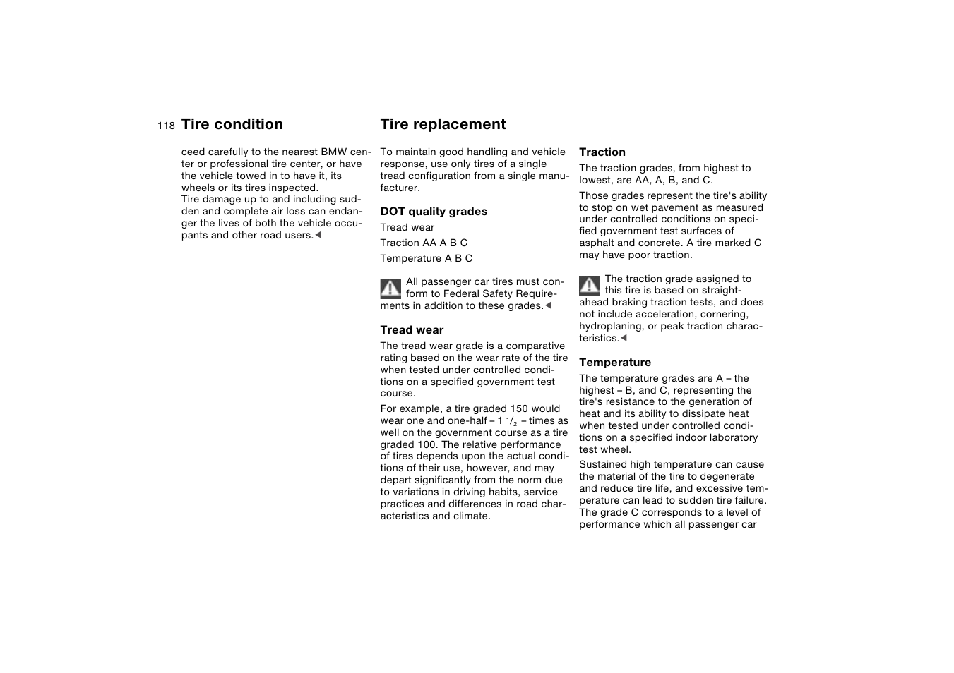 Tire replacement, Tire condition | BMW 330XI User Manual | Page 118 / 166