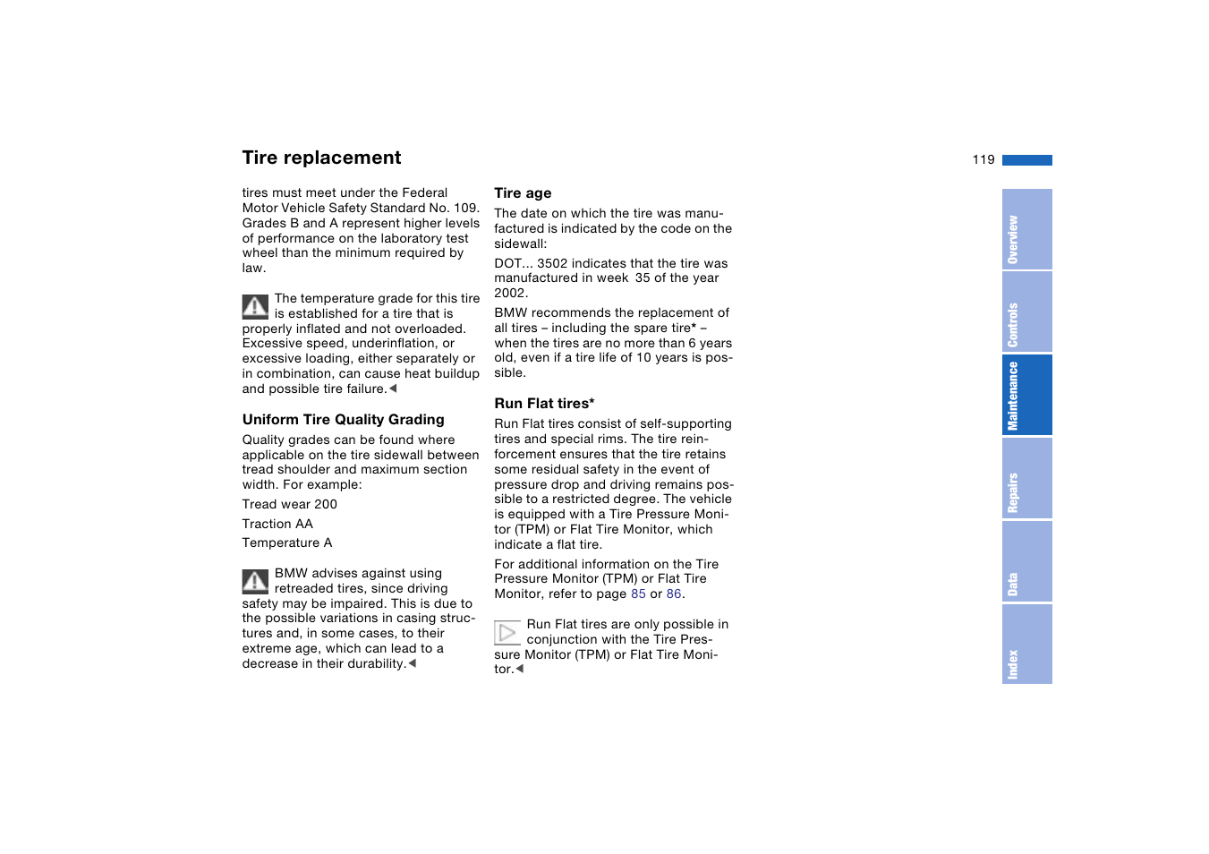 Tire replacement | BMW 330XI User Manual | Page 119 / 166