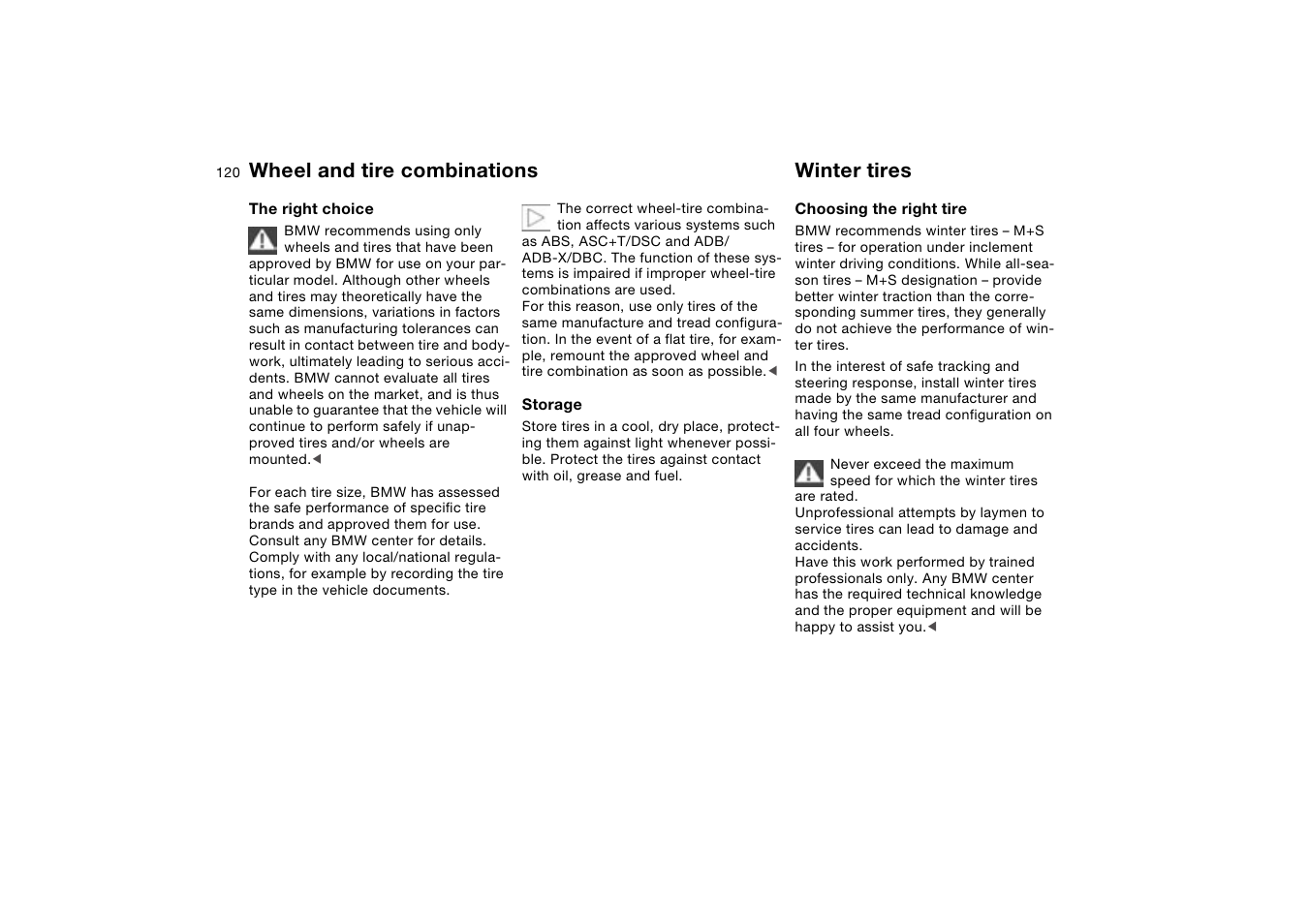 Wheel and tire combinations, Winter tires, Wheel and tire | Combinations | BMW 330XI User Manual | Page 120 / 166