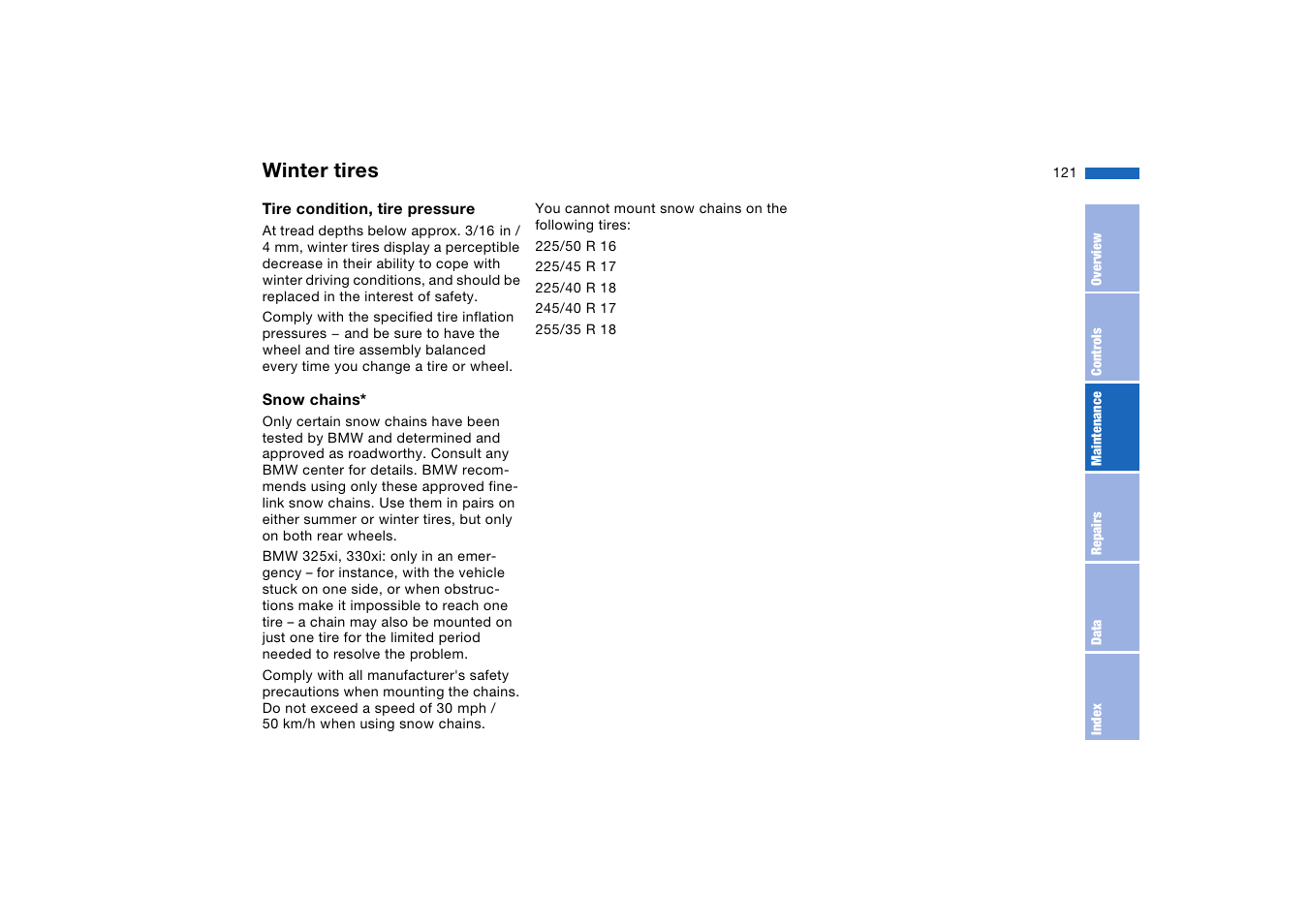 Winter tires | BMW 330XI User Manual | Page 121 / 166