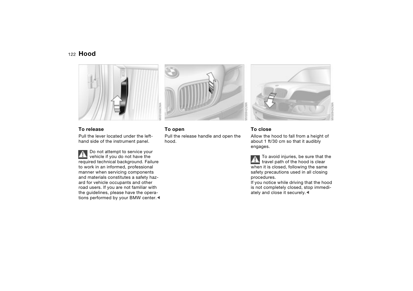 In the engine compartment, Hood | BMW 330XI User Manual | Page 122 / 166