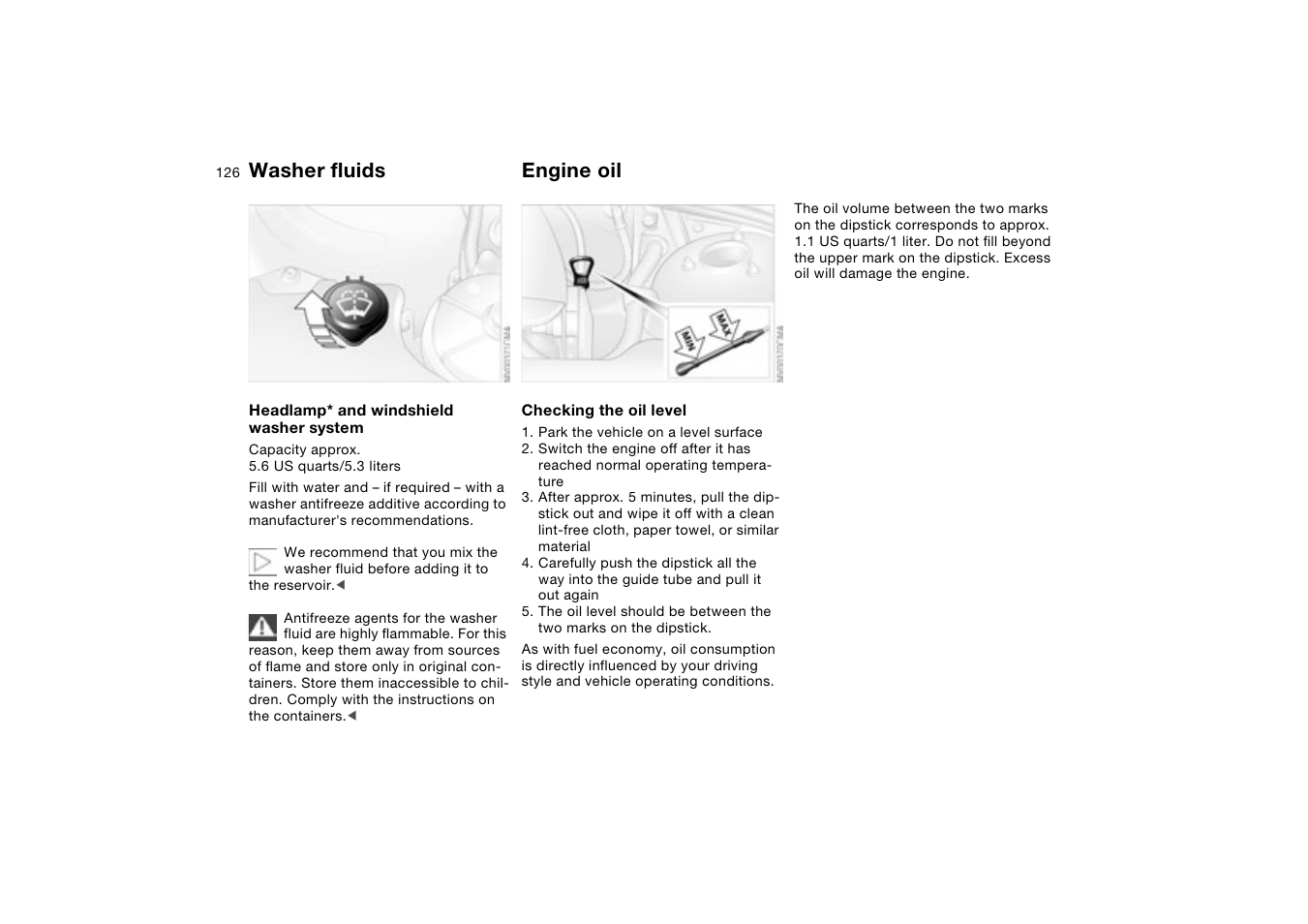 Washer fluids, Engine oil | BMW 330XI User Manual | Page 126 / 166