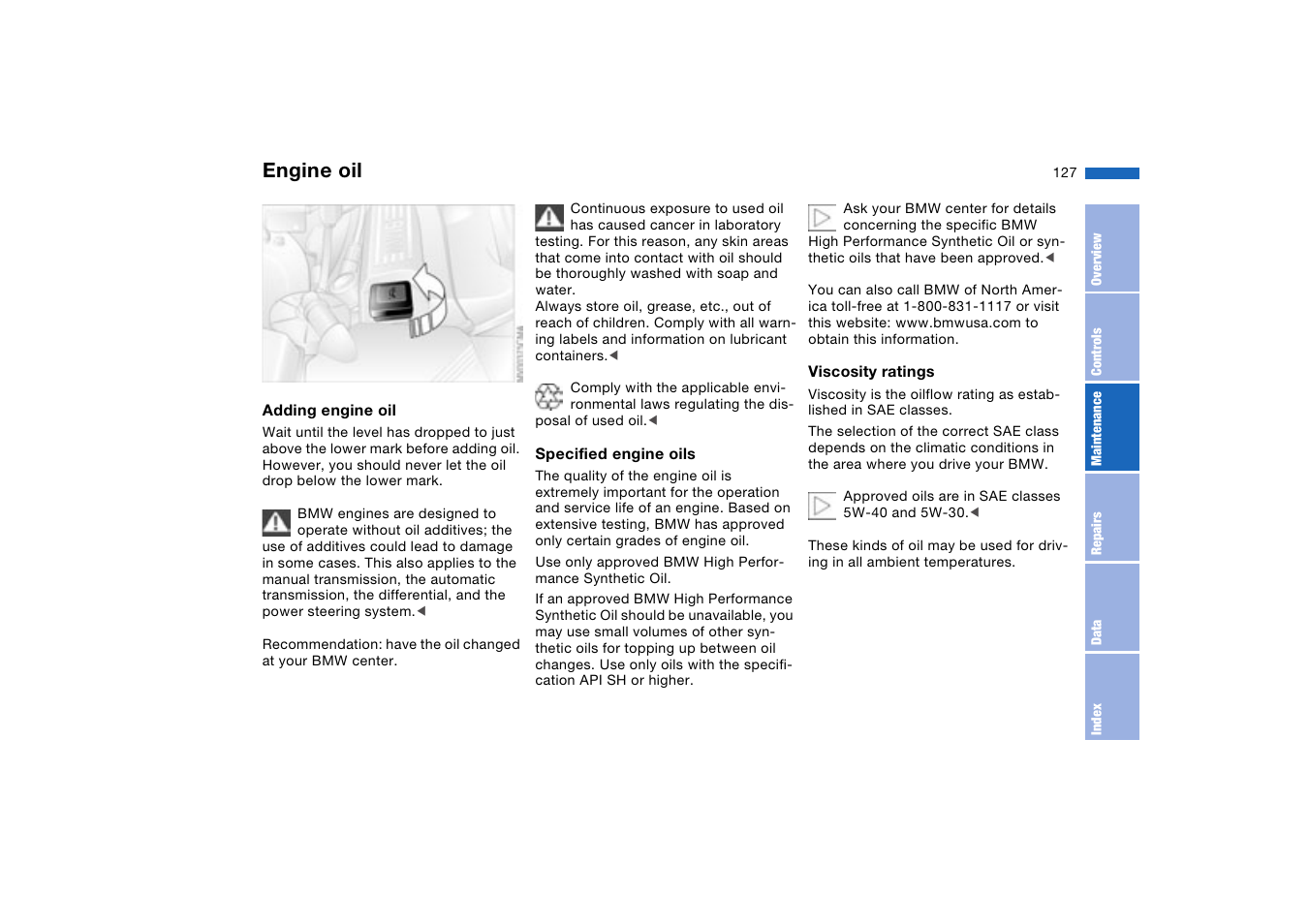 Engine oil filler neck, Engine oil | BMW 330XI User Manual | Page 127 / 166