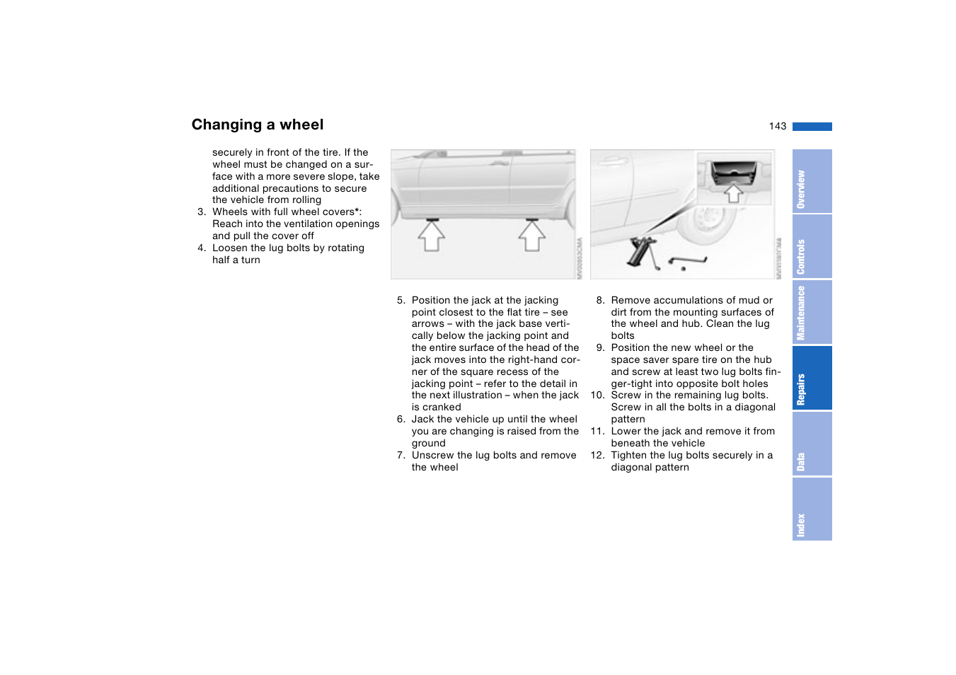 Changing a wheel | BMW 330XI User Manual | Page 143 / 166