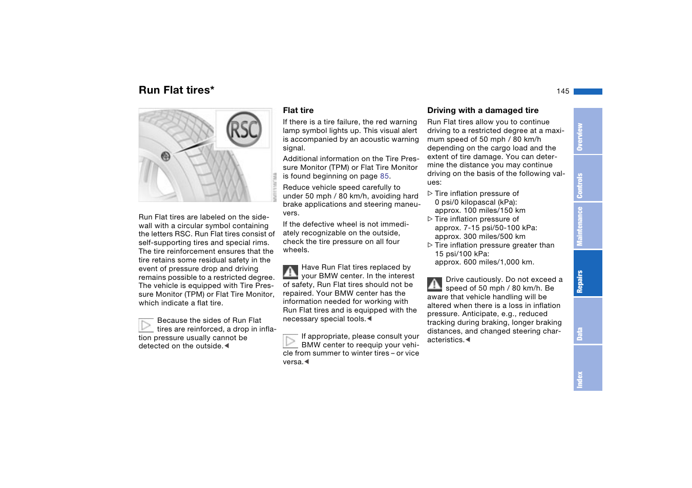 Run flat tires | BMW 330XI User Manual | Page 145 / 166