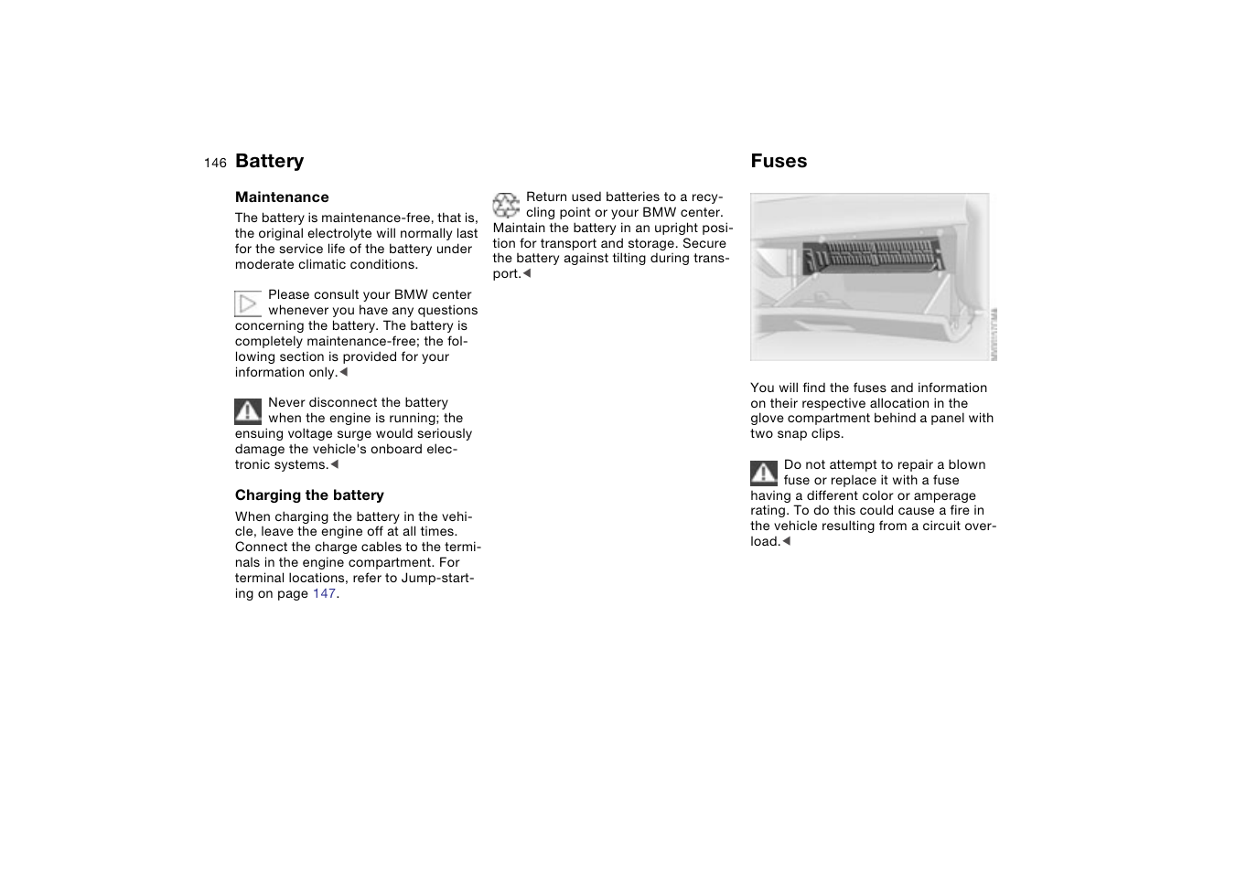 Battery, Fuses | BMW 330XI User Manual | Page 146 / 166