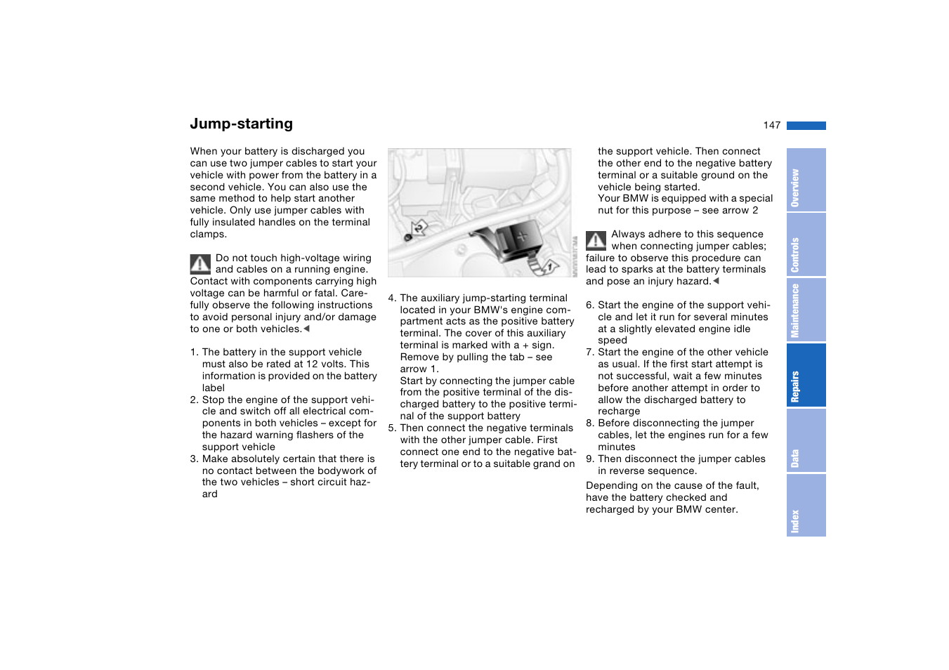 Giving and receiving assistance, Jump-starting | BMW 330XI User Manual | Page 147 / 166