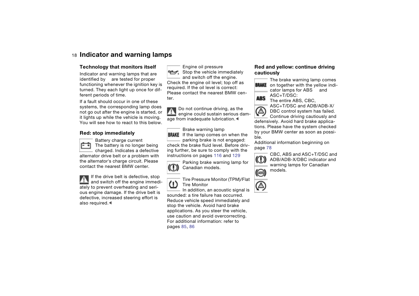 Indicator and warning lamps | BMW 330XI User Manual | Page 18 / 166