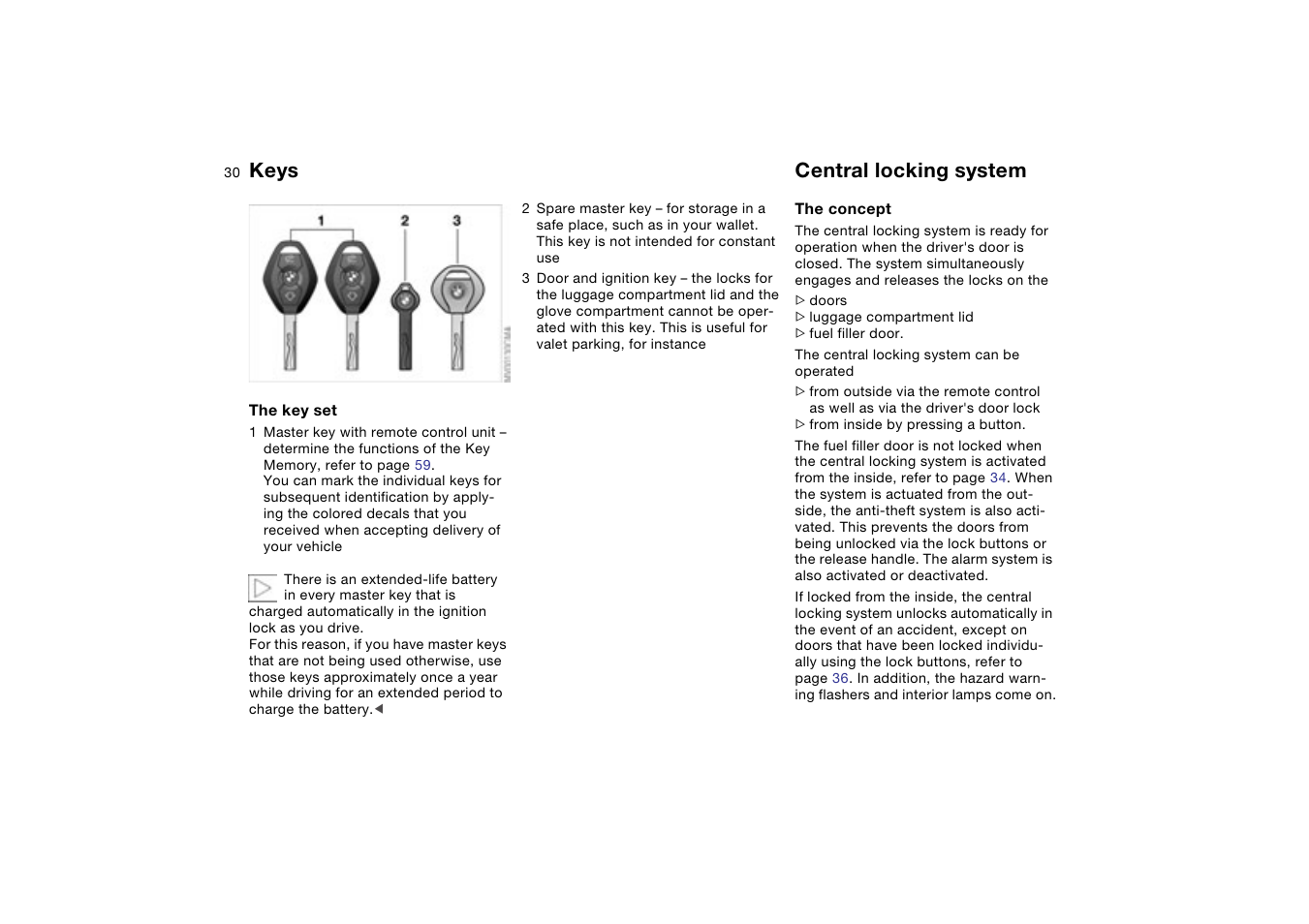Opening and closing, Keys, Central locking system | BMW 330XI User Manual | Page 30 / 166