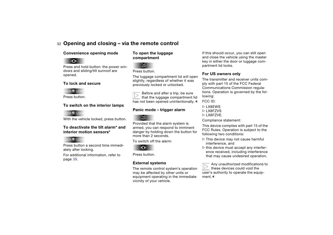 Opening and closing – via the remote control | BMW 330XI User Manual | Page 32 / 166