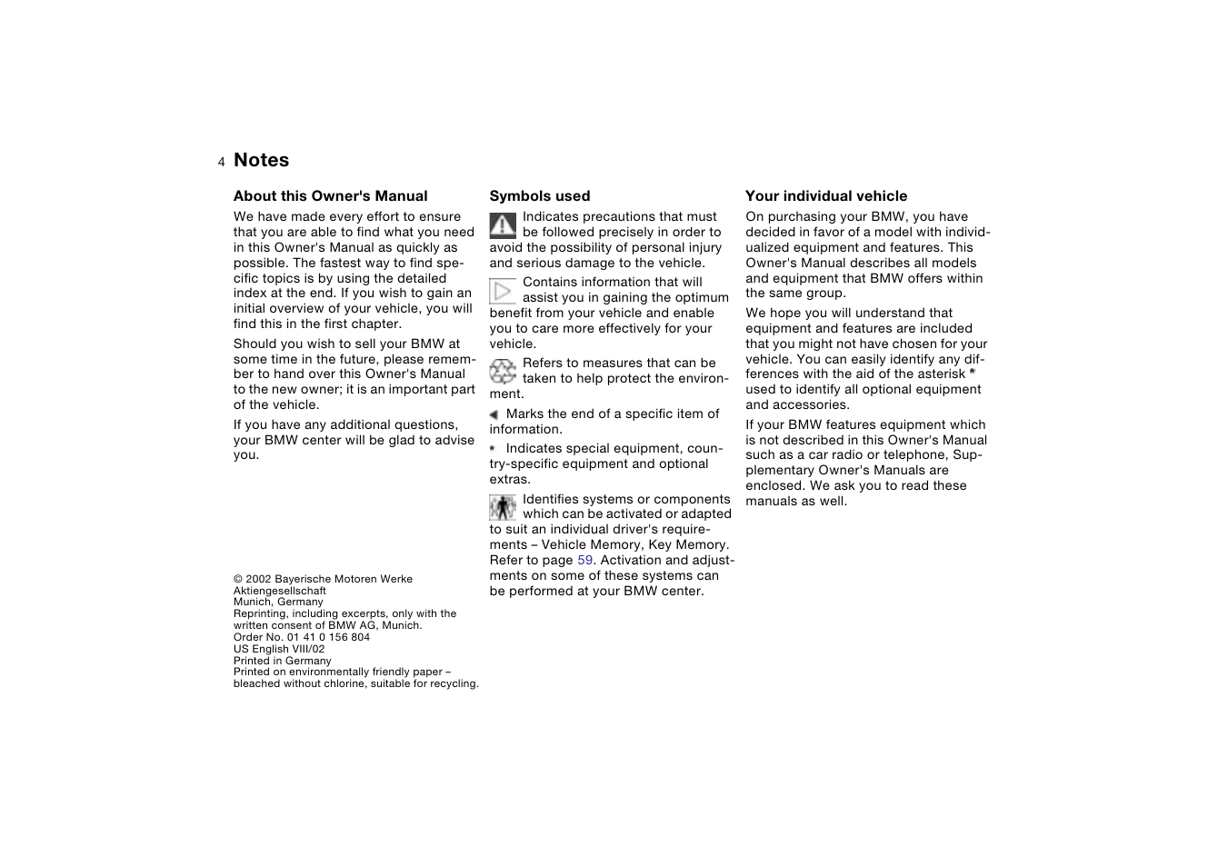 Notes, Symbols used, Your individual vehicle | BMW 330XI User Manual | Page 4 / 166