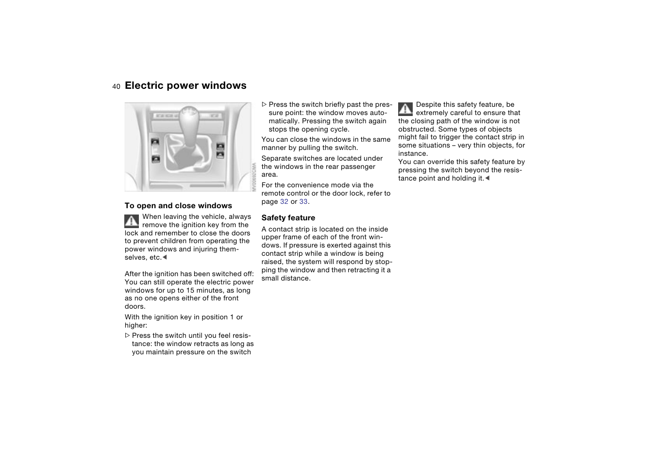 Electric power windows | BMW 330XI User Manual | Page 40 / 166