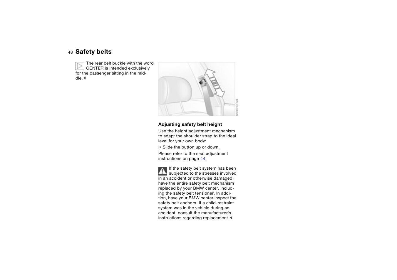 Safety belts | BMW 330XI User Manual | Page 48 / 166