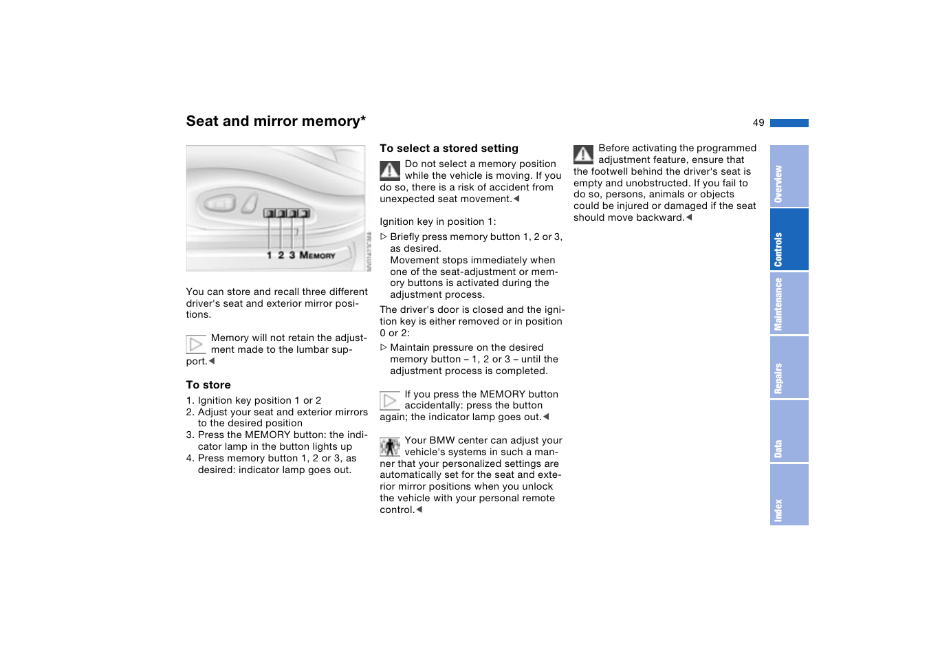 Seat and mirror memory | BMW 330XI User Manual | Page 49 / 166