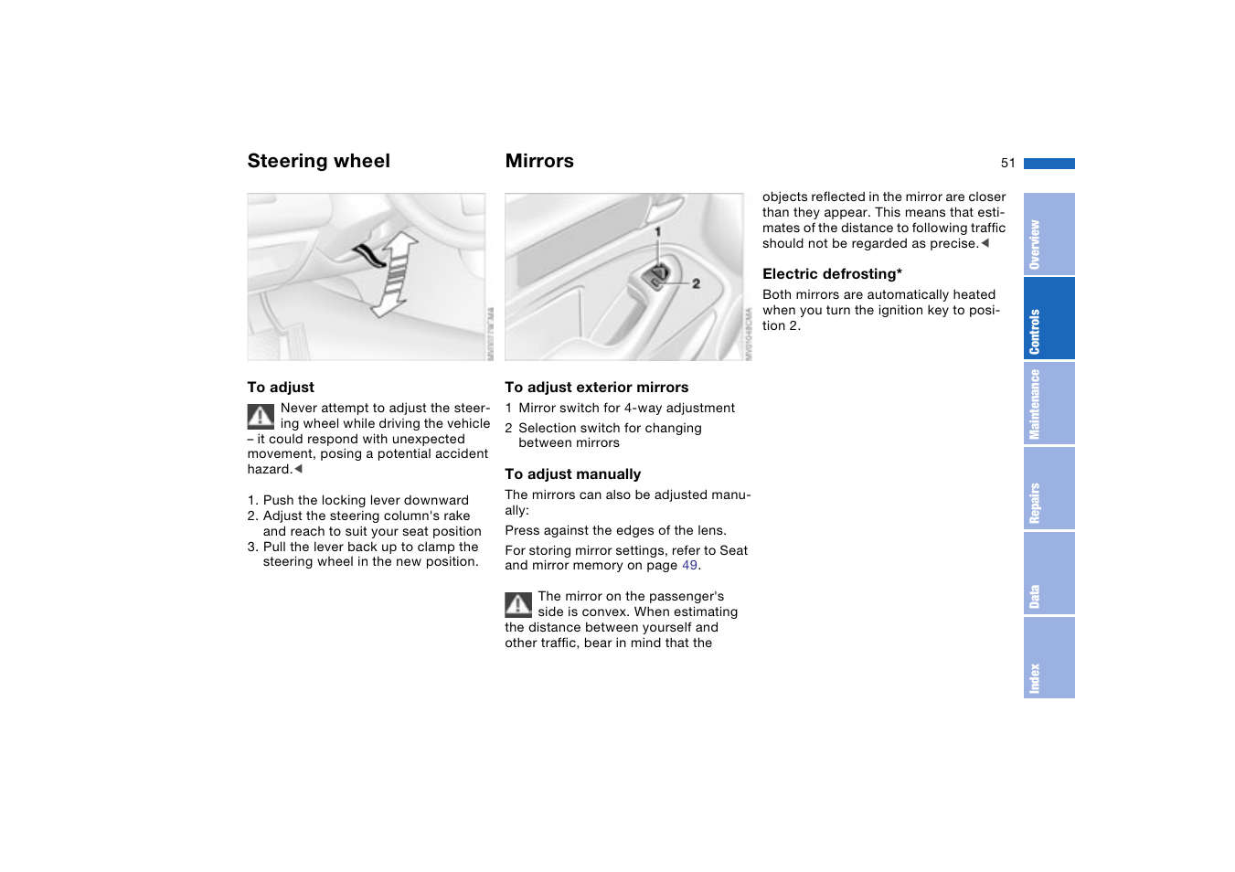 Steering wheel, Mirrors | BMW 330XI User Manual | Page 51 / 166