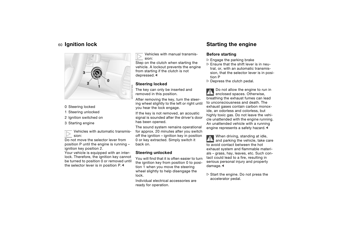 Driving, Ignition lock, Starting the engine | BMW 330XI User Manual | Page 60 / 166