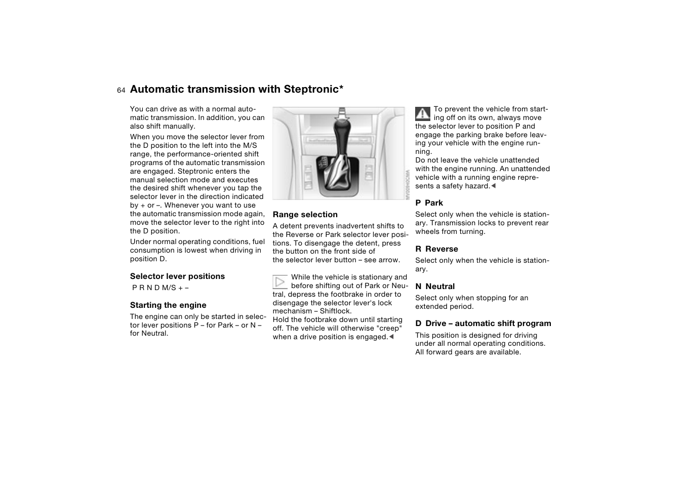 Automatic transmission with steptronic, Automatic transmission with, Steptronic | BMW 330XI User Manual | Page 64 / 166