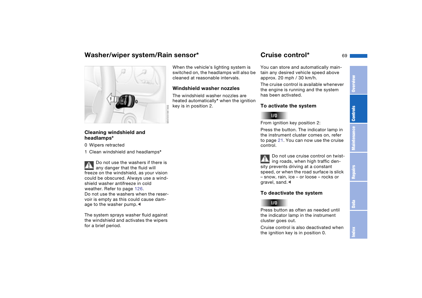 Cruise control, Washer/wiper system/rain sensor | BMW 330XI User Manual | Page 69 / 166
