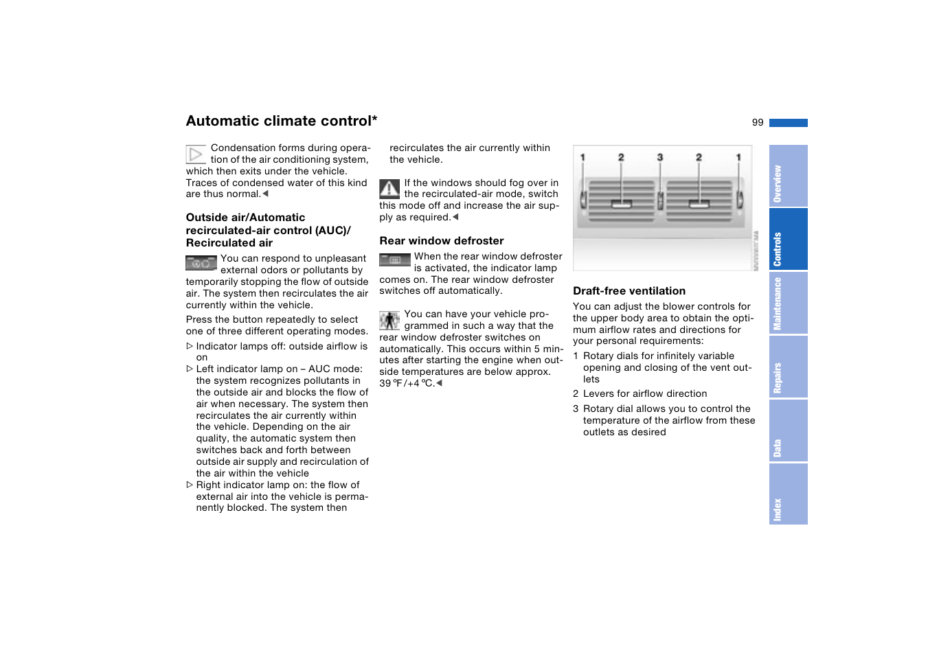 Air for the upper body area, Rear window defroster, Automatic climate control | BMW 330XI User Manual | Page 99 / 166