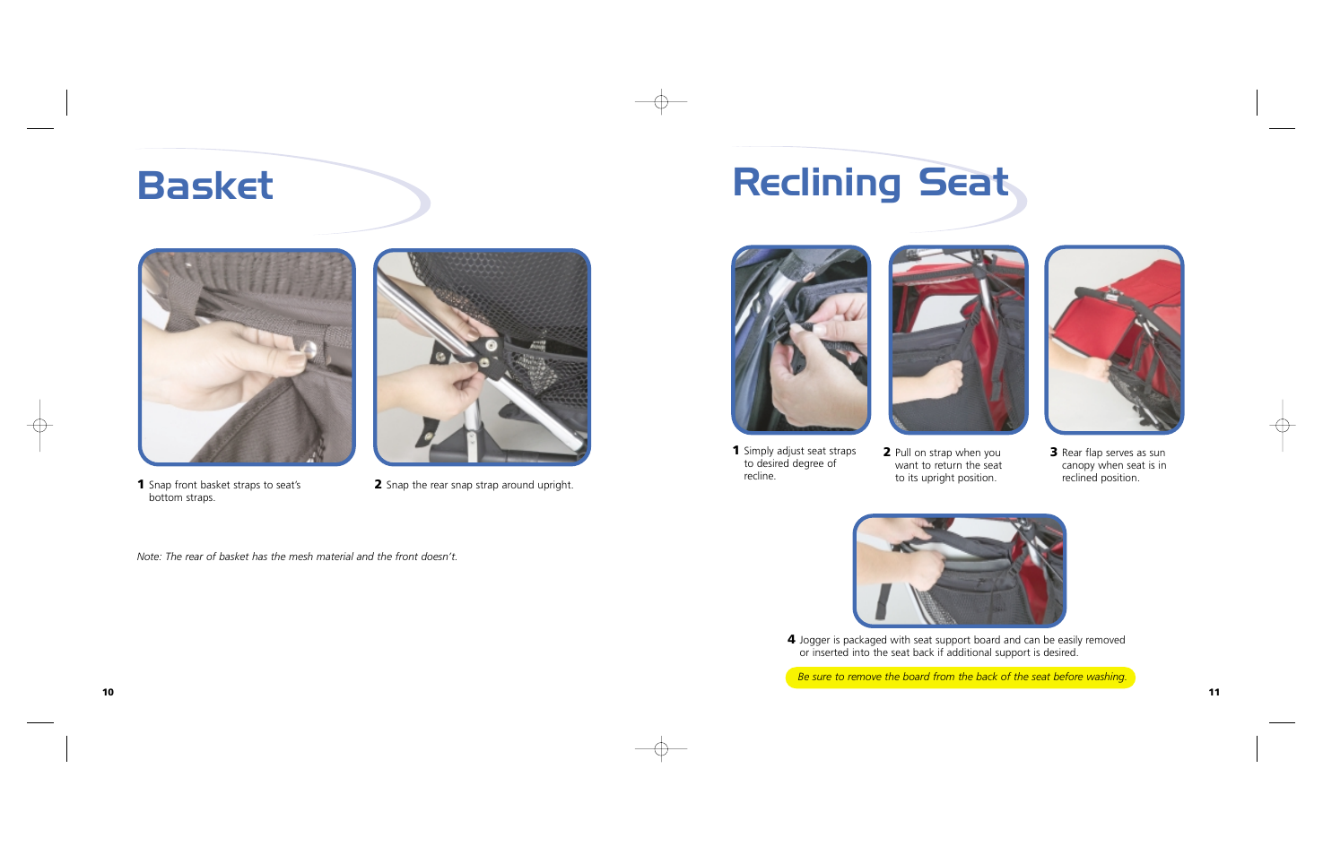 Basket, Reclining seat | Baby Jogger Double Jogging User Manual | Page 7 / 9