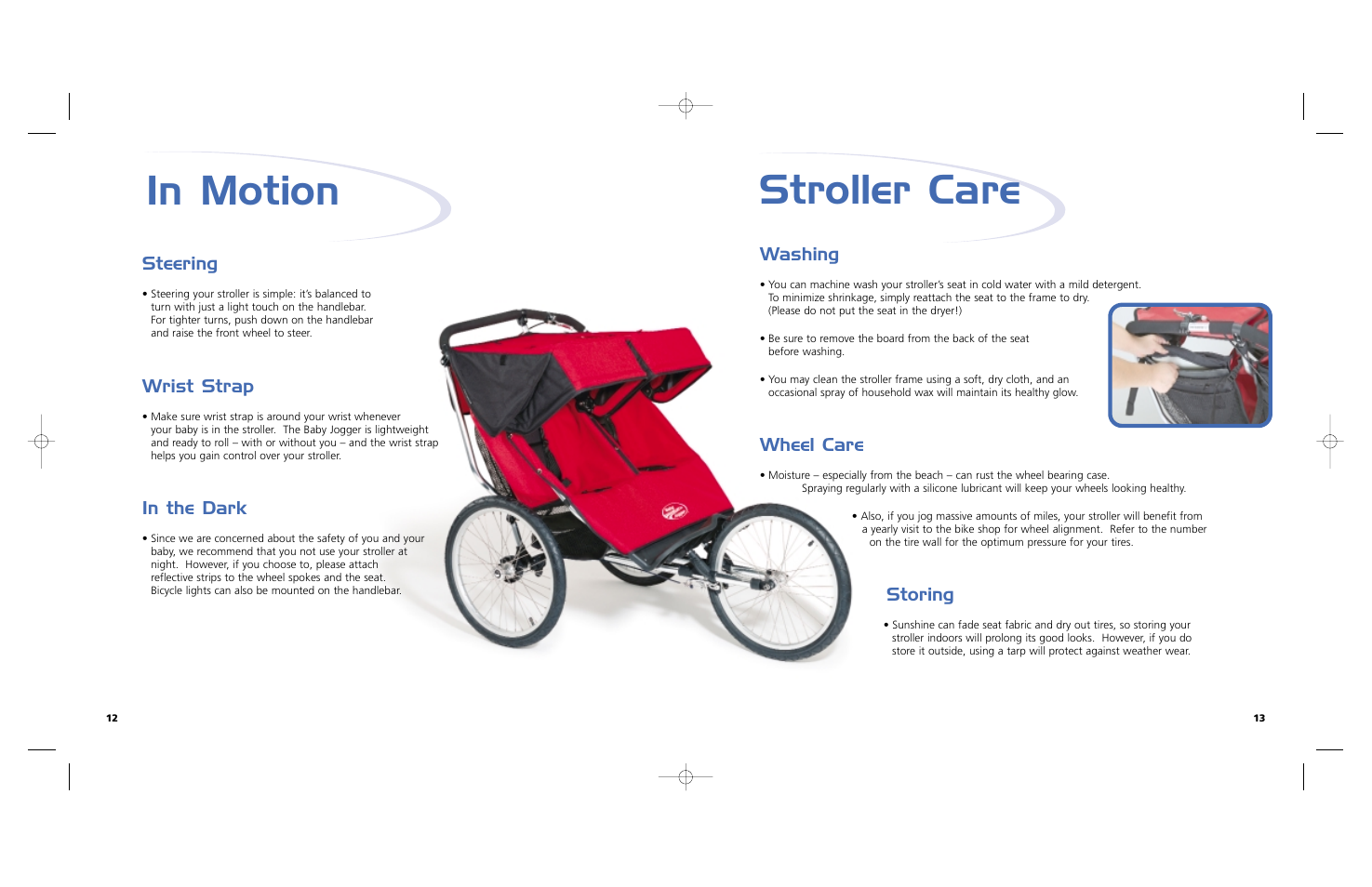 Stroller care, Washing, Wheel care | Storing, Steering, Wrist strap | Baby Jogger Double Jogging User Manual | Page 8 / 9