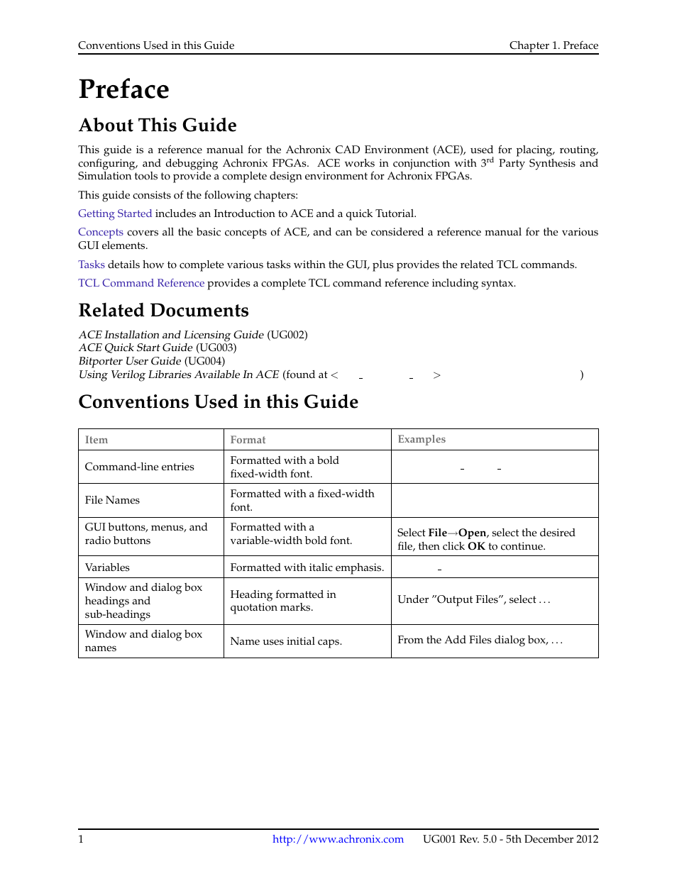 Preface, About this guide, Related documents | Conventions used in this guide | Achronix ACE Version 5.0 User Manual | Page 13 / 389