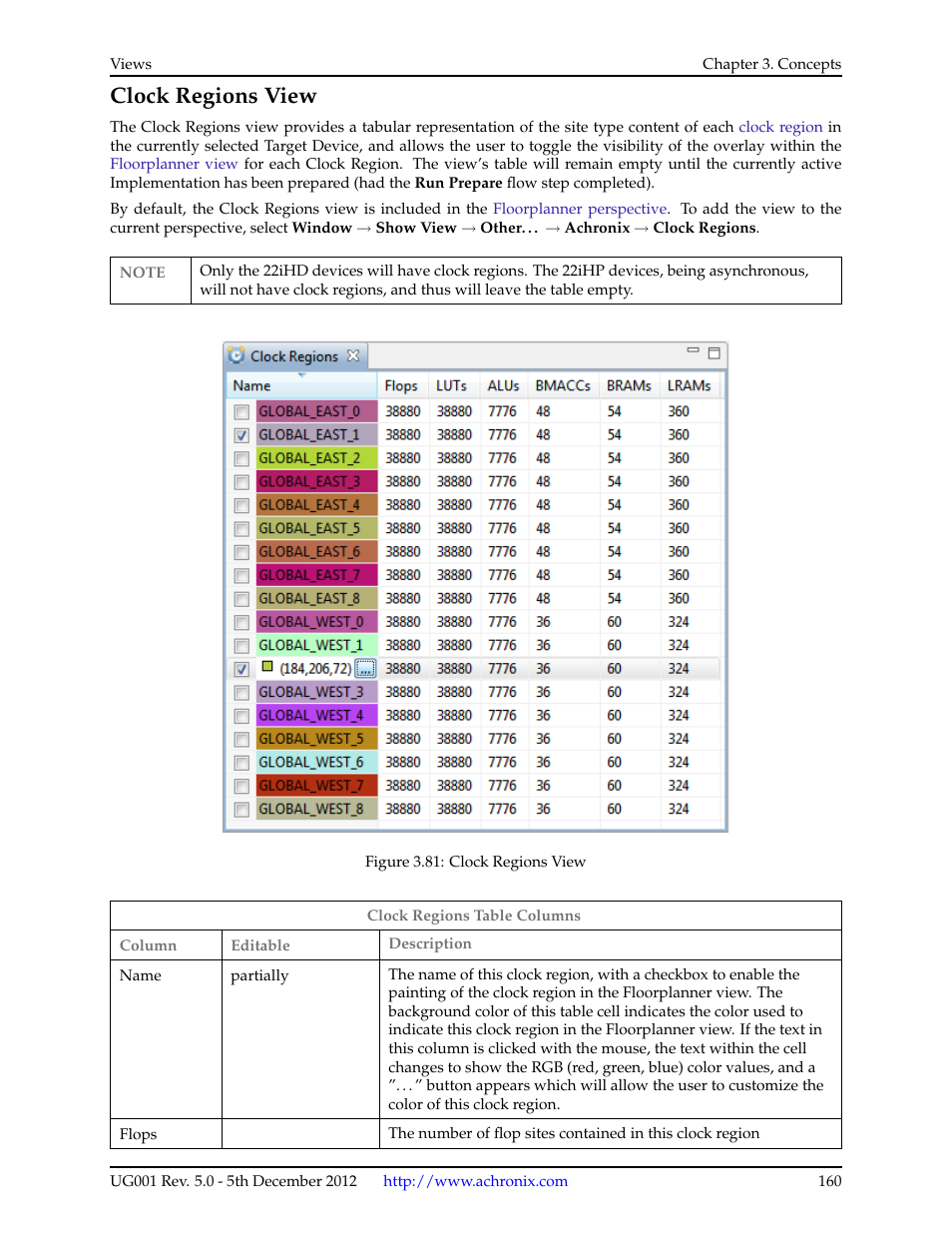 Clock regions view, 13 clock regions view | Achronix ACE Version 5.0 User Manual | Page 172 / 389