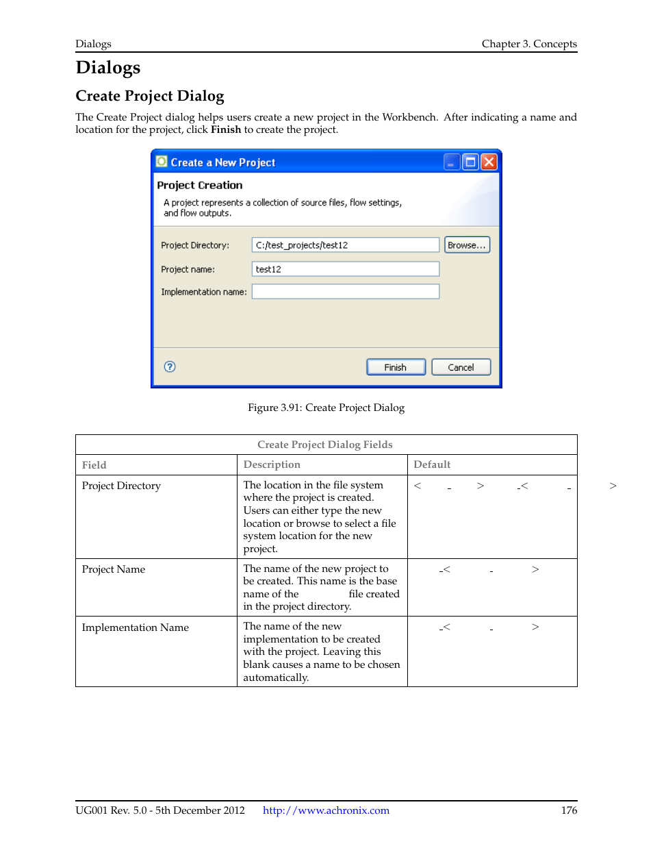 Dialogs, Create project dialog, Create a new project dialog | Achronix ACE Version 5.0 User Manual | Page 188 / 389