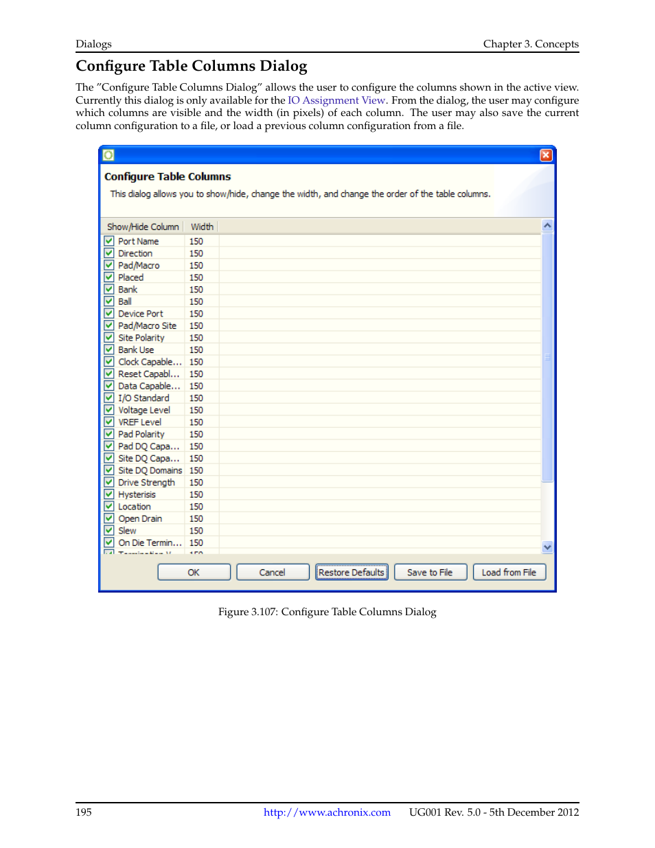 Configure table columns dialog, 16 configure table columns dialog | Achronix ACE Version 5.0 User Manual | Page 207 / 389