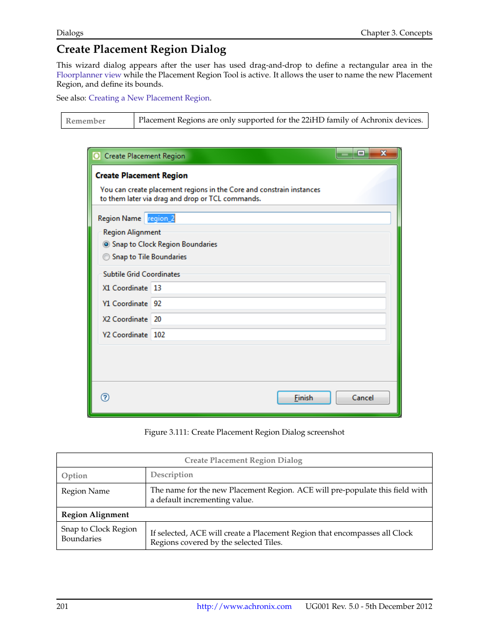 Create placement region dialog, 20 create placement region dialog | Achronix ACE Version 5.0 User Manual | Page 213 / 389