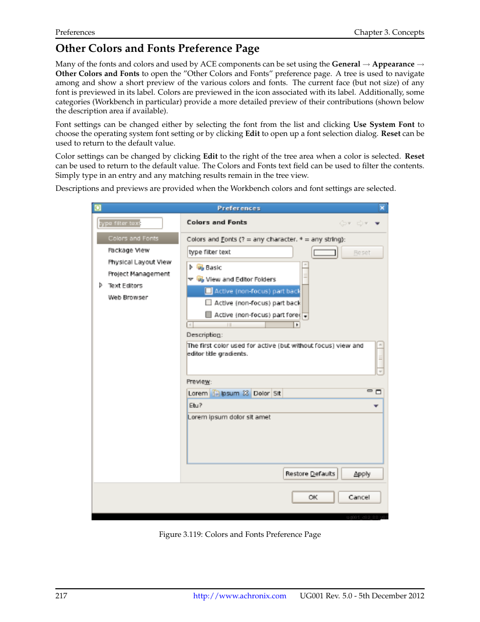 Other colors and fonts preference page | Achronix ACE Version 5.0 User Manual | Page 229 / 389