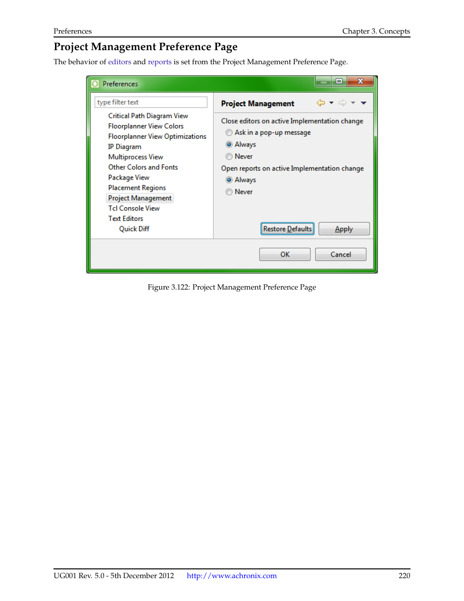 Project management preference page | Achronix ACE Version 5.0 User Manual | Page 232 / 389