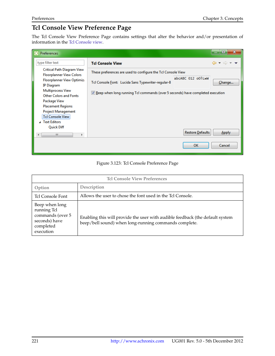 Tcl console view preference page | Achronix ACE Version 5.0 User Manual | Page 233 / 389