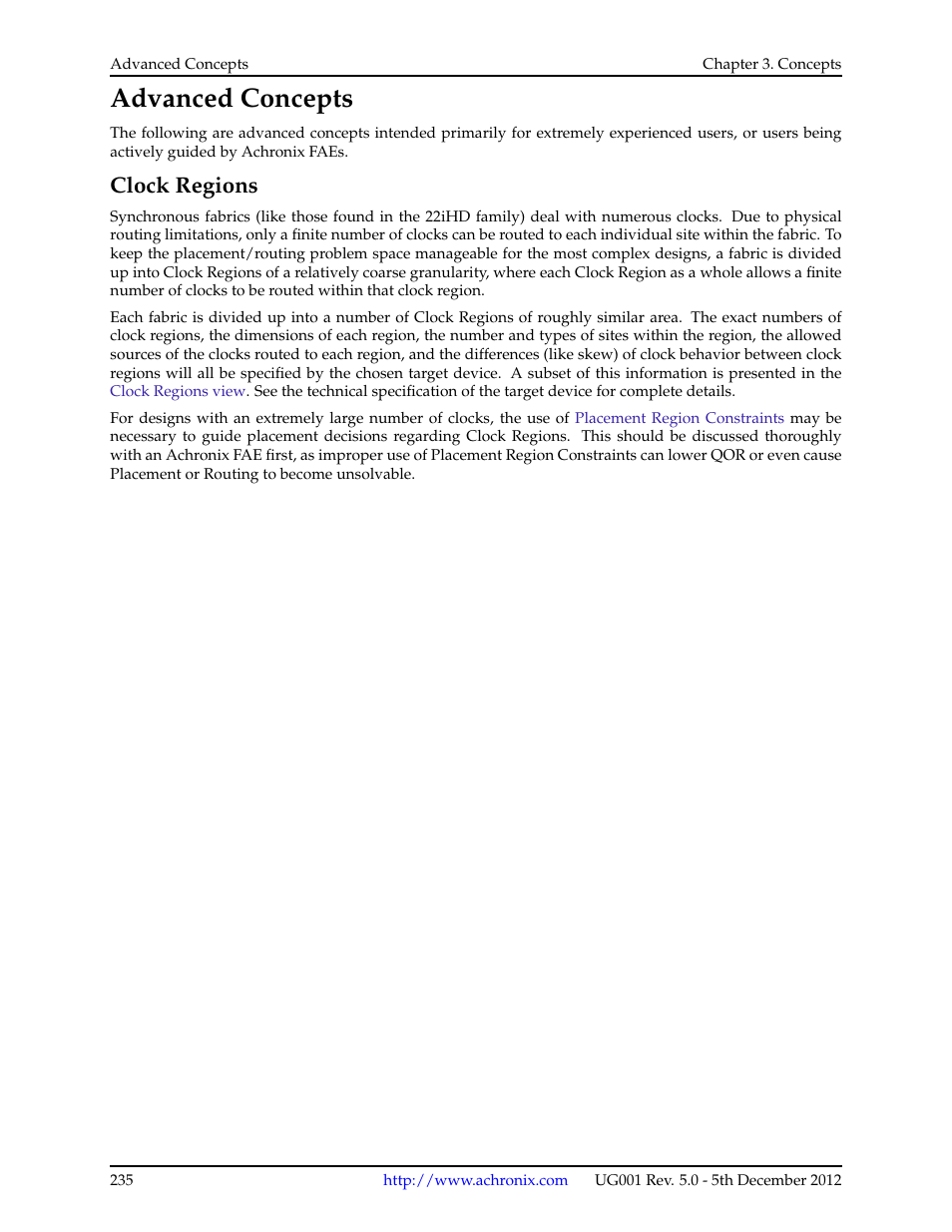 Advanced concepts, Clock regions, 11 advanced concepts | 1 clock regions | Achronix ACE Version 5.0 User Manual | Page 247 / 389