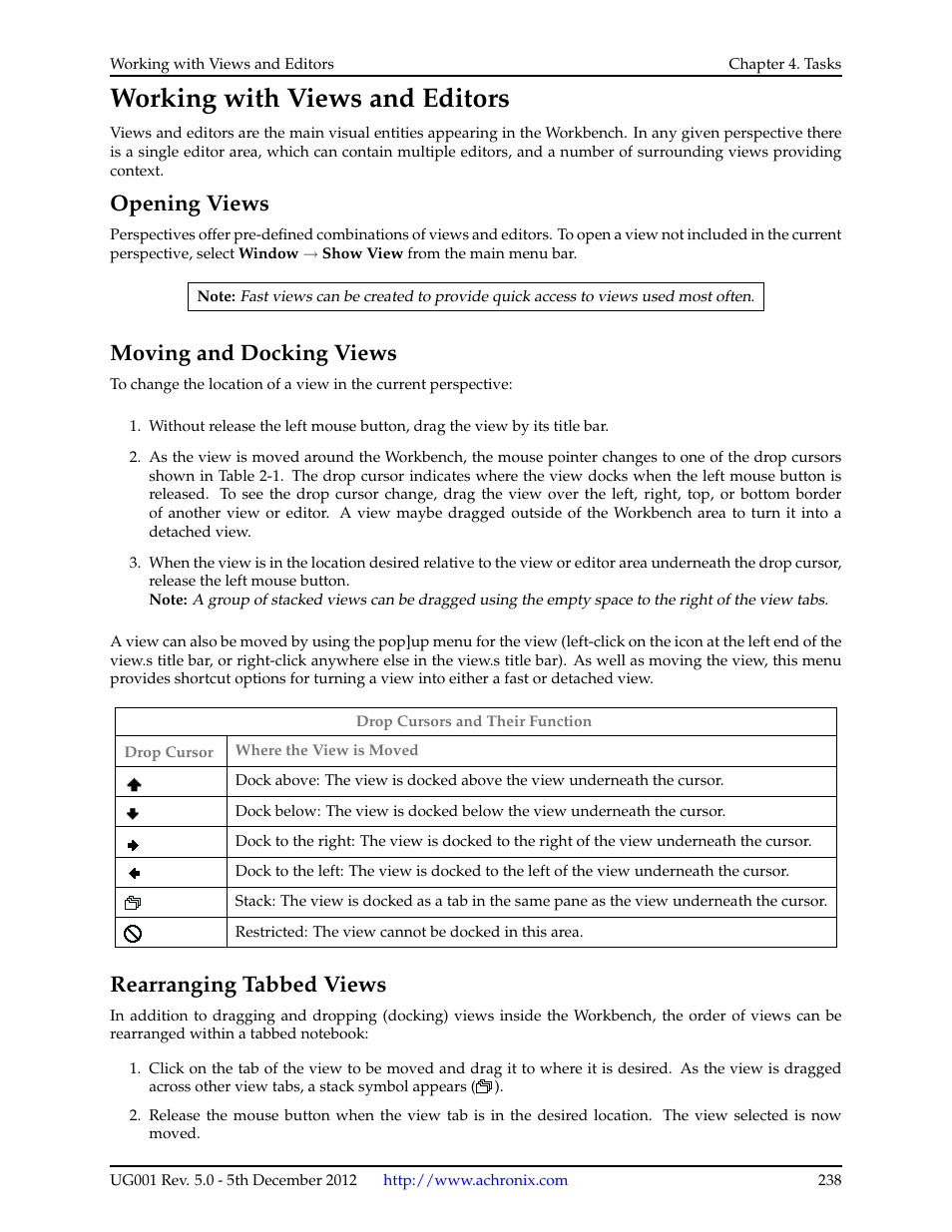 Working with views and editors, Opening views, Moving and docking views | Rearranging tabbed views | Achronix ACE Version 5.0 User Manual | Page 250 / 389