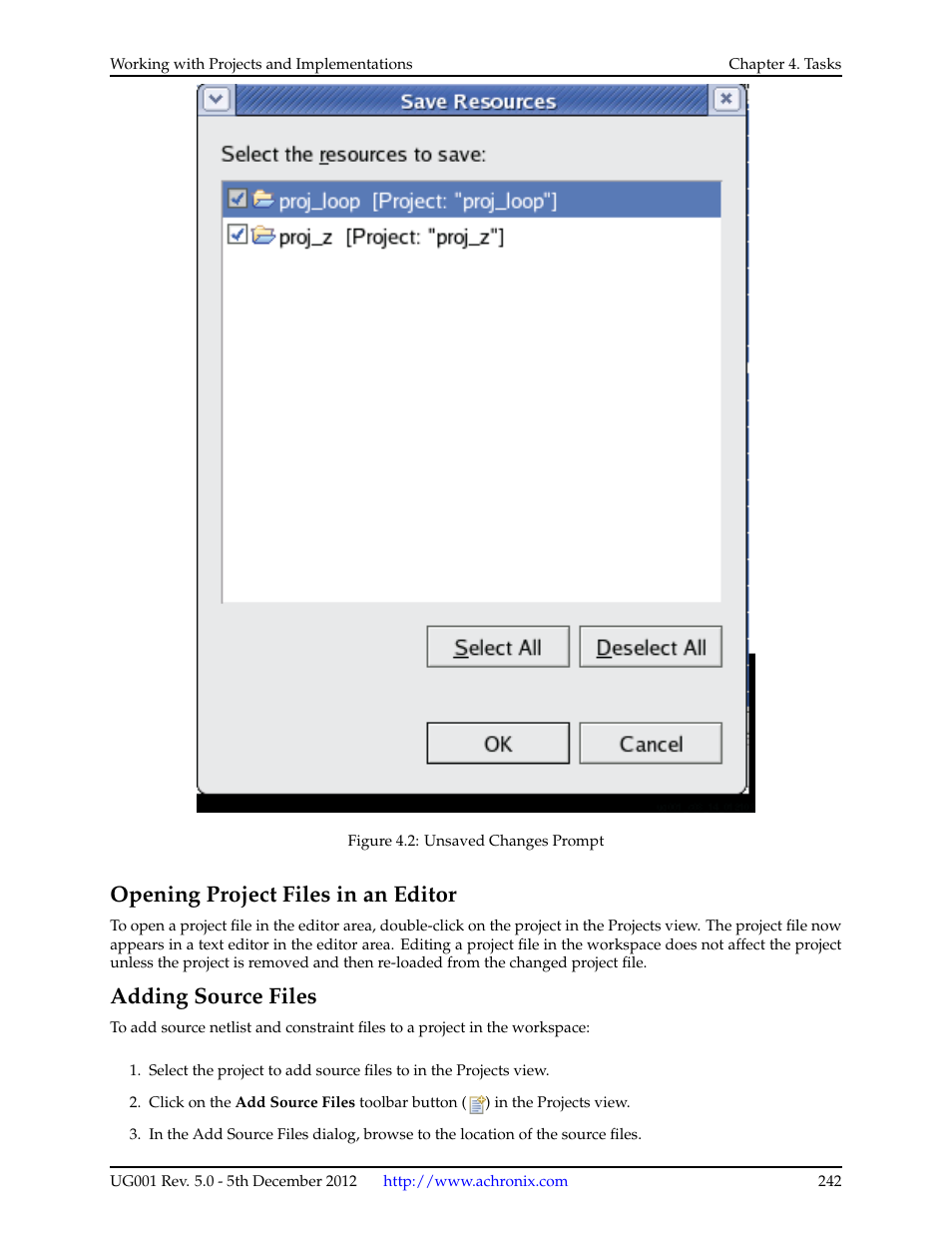 Opening project files in an editor, Adding source files | Achronix ACE Version 5.0 User Manual | Page 254 / 389