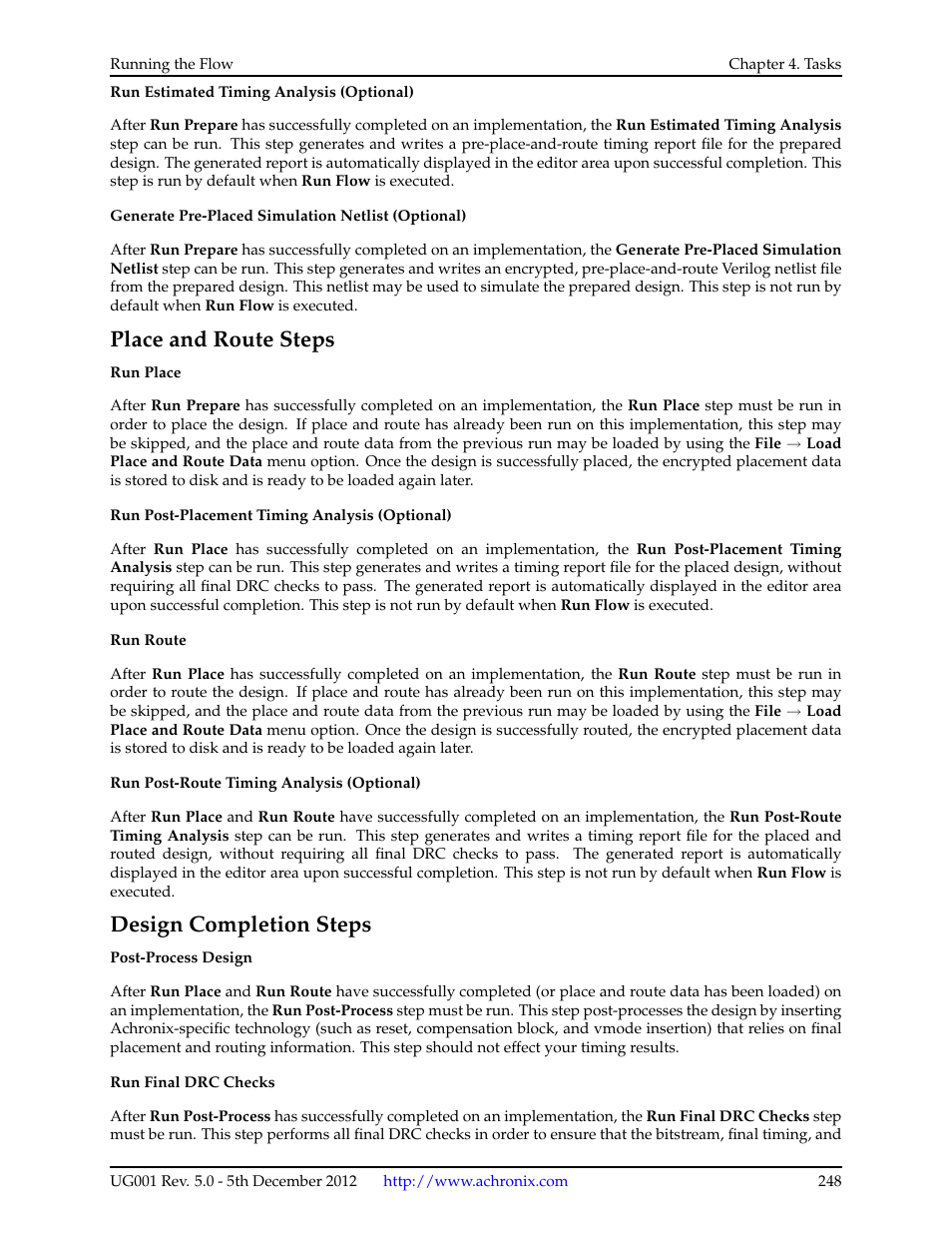 Place and route steps, Design completion steps | Achronix ACE Version 5.0 User Manual | Page 260 / 389