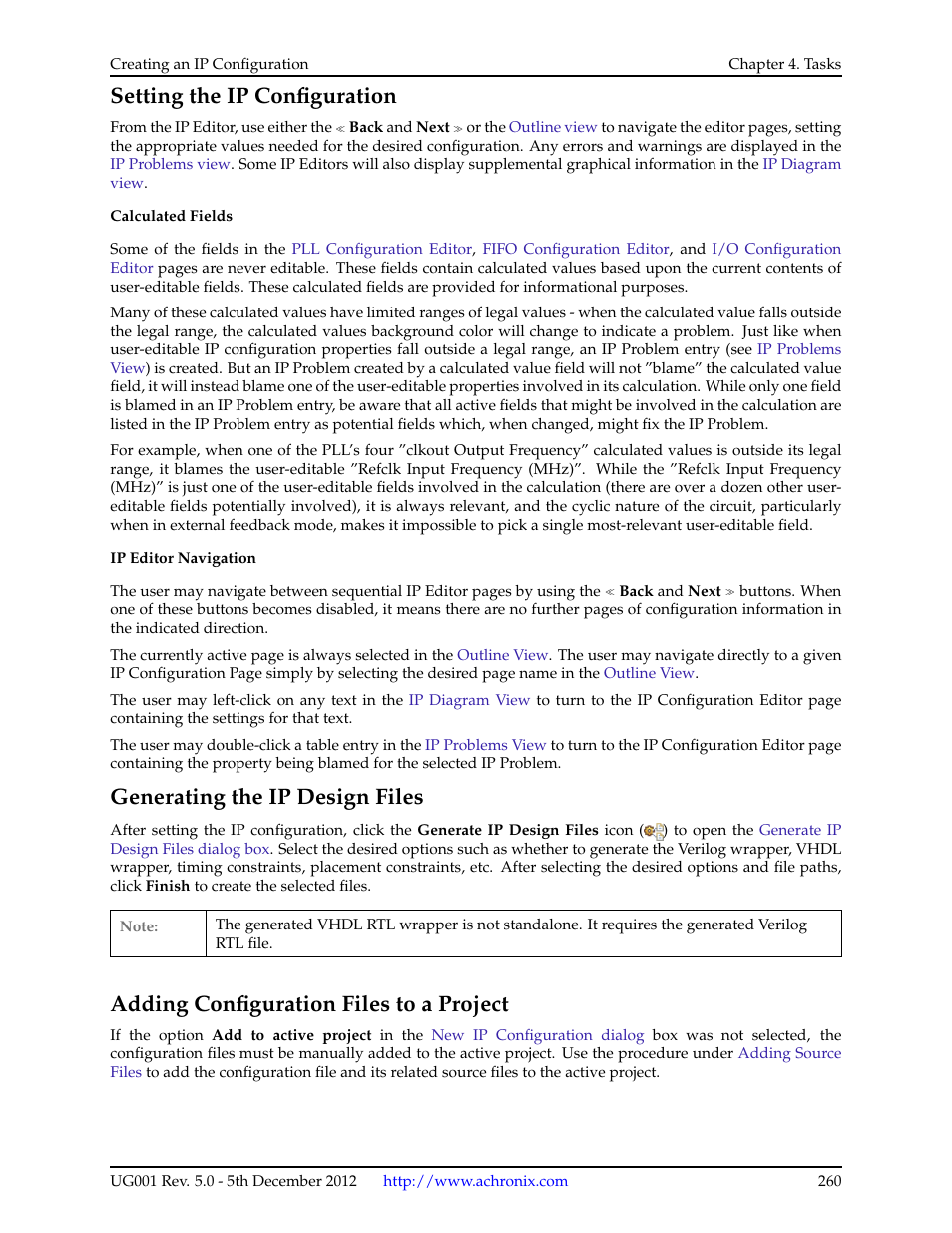 Setting the ip configuration, Generating the ip design files, Adding configuration files to a project | Generating, The ip design files | Achronix ACE Version 5.0 User Manual | Page 272 / 389