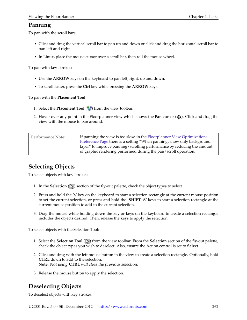 Panning, Selecting objects, Deselecting objects | Achronix ACE Version 5.0 User Manual | Page 274 / 389