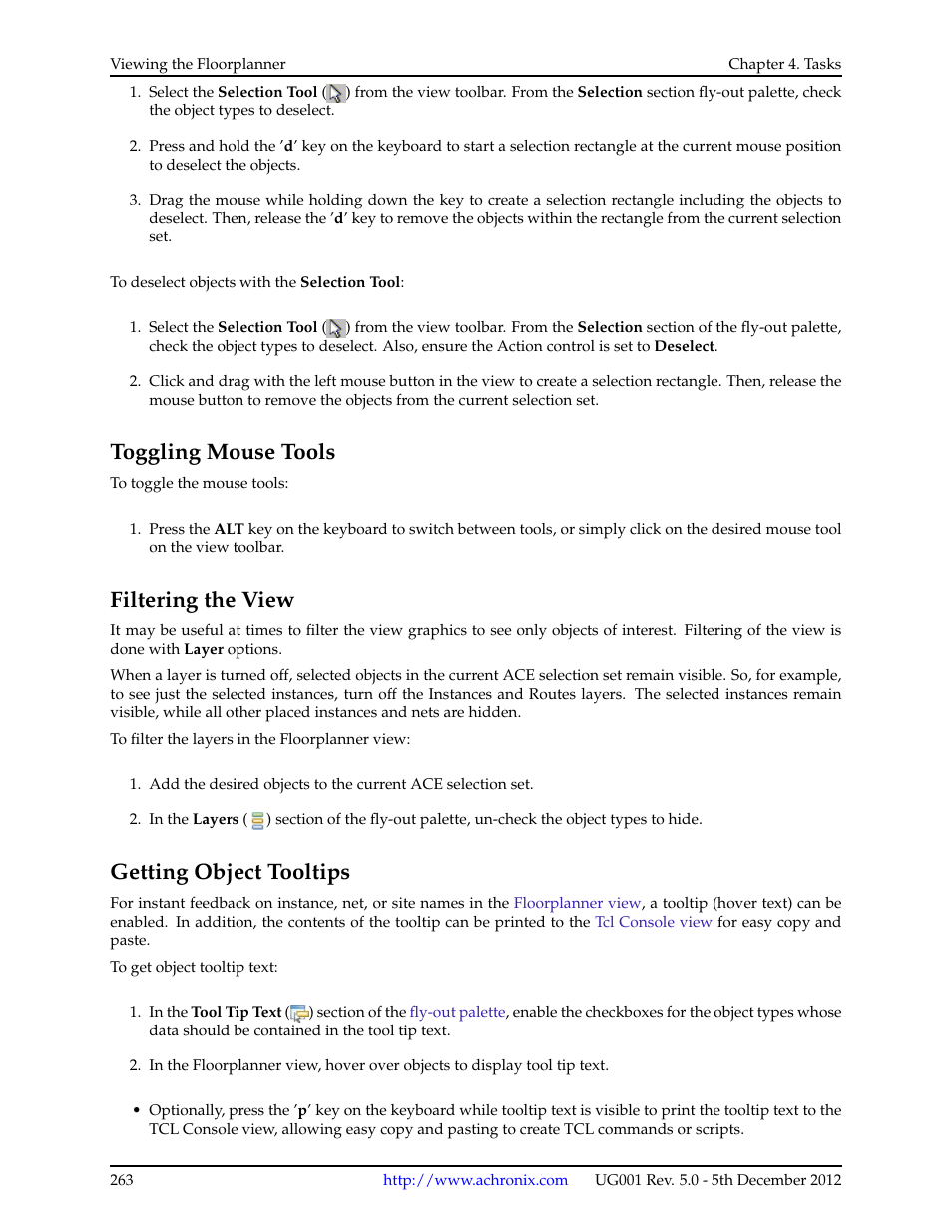 Toggling mouse tools, Filtering the view, Getting object tooltips | Achronix ACE Version 5.0 User Manual | Page 275 / 389