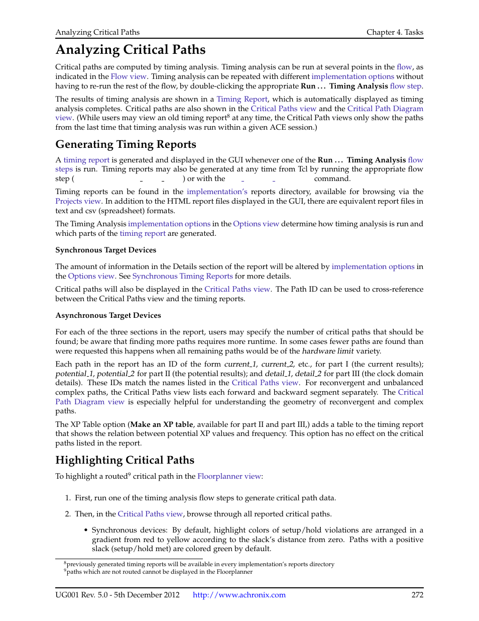 Analyzing critical paths, Generating timing reports, Highlighting critical paths | 11 analyzing critical paths, 1 generating timing reports, 2 highlighting critical paths | Achronix ACE Version 5.0 User Manual | Page 284 / 389