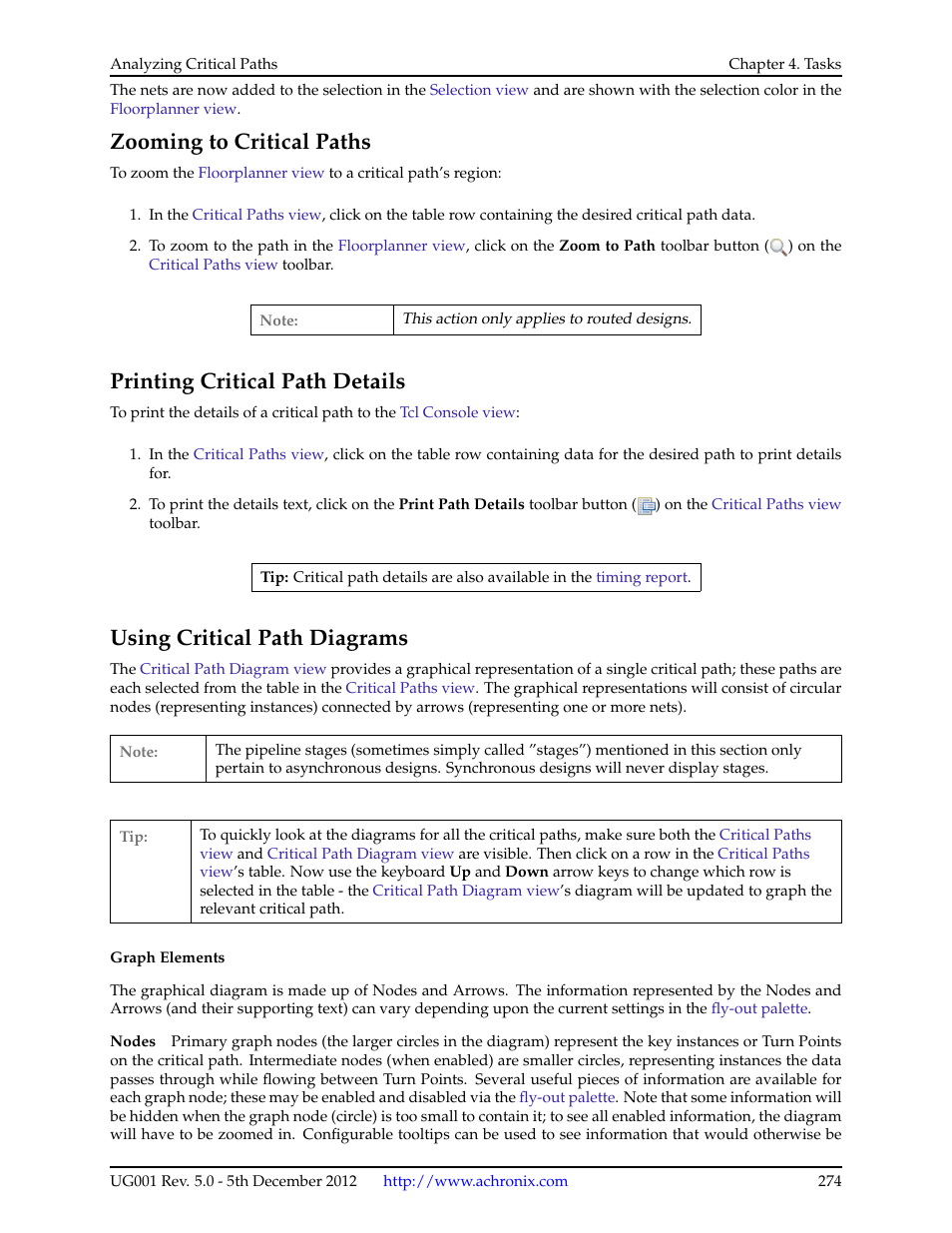 Zooming to critical paths, Printing critical path details, Using critical path diagrams | 4 zooming to critical paths, 5 printing critical path details, 6 using critical path diagrams | Achronix ACE Version 5.0 User Manual | Page 286 / 389