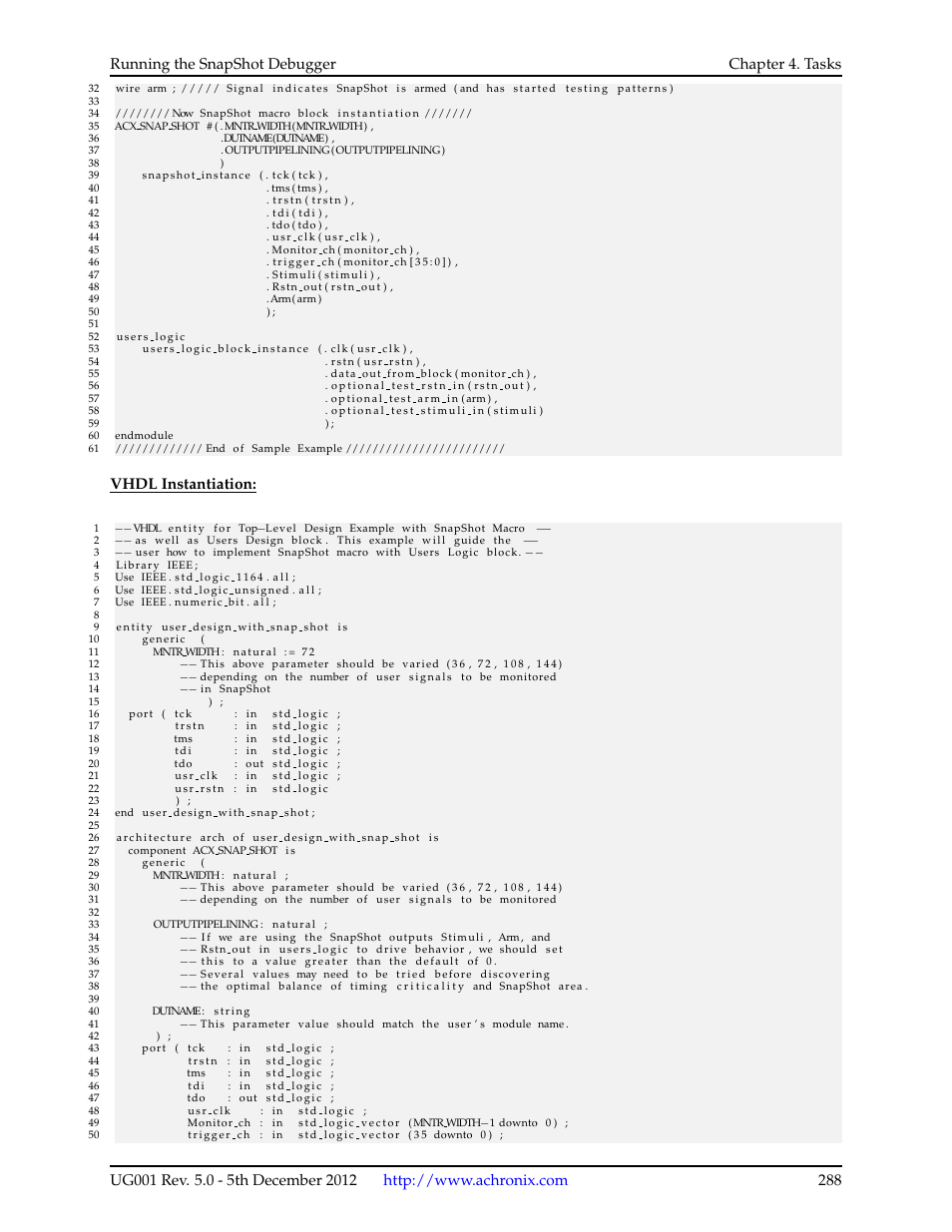 Running the snapshot debugger chapter 4. tasks, Vhdl instantiation | Achronix ACE Version 5.0 User Manual | Page 300 / 389