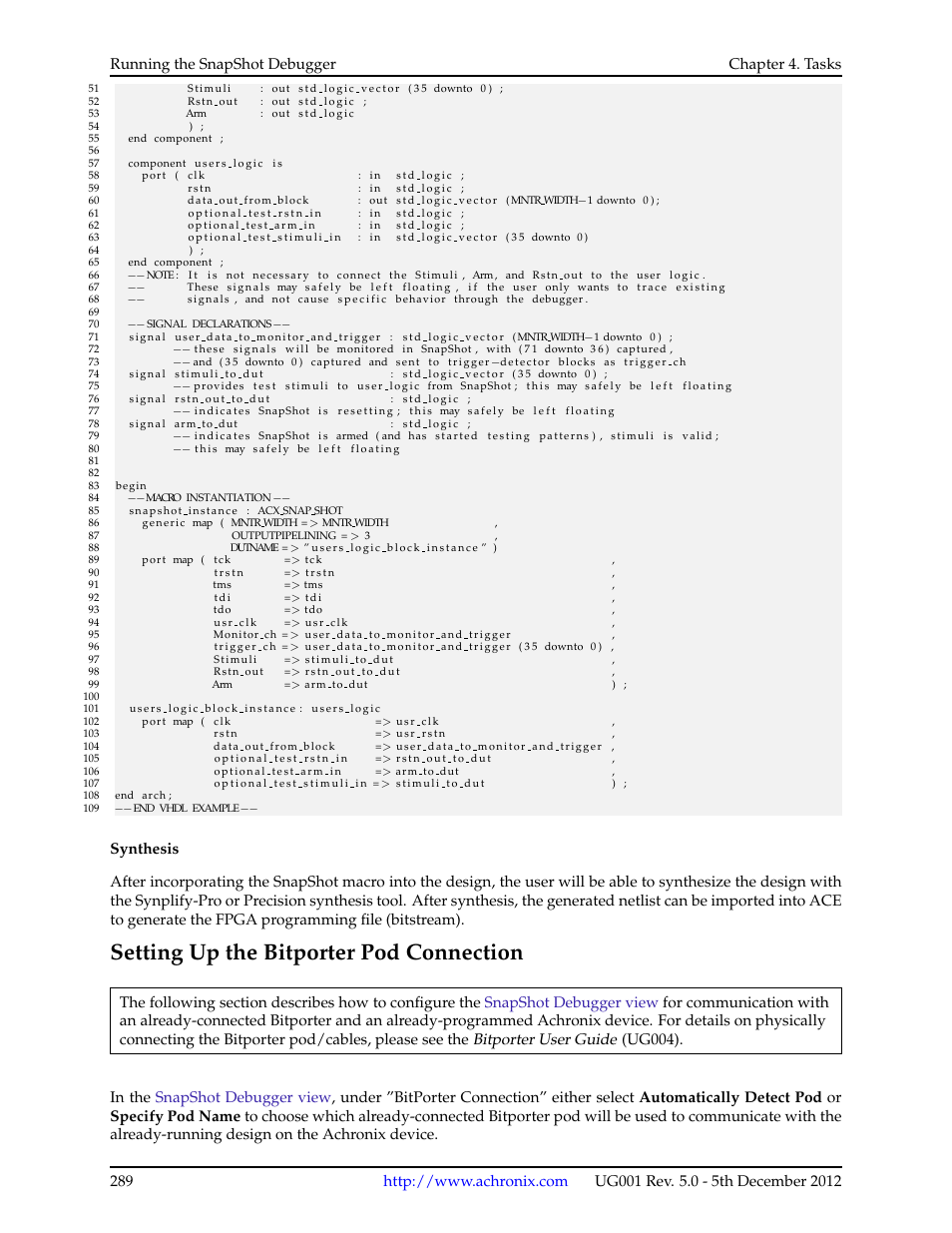 Setting up the bitporter pod connection, 3 setting up the bitporter pod connection, Running the snapshot debugger chapter 4. tasks | Achronix ACE Version 5.0 User Manual | Page 301 / 389