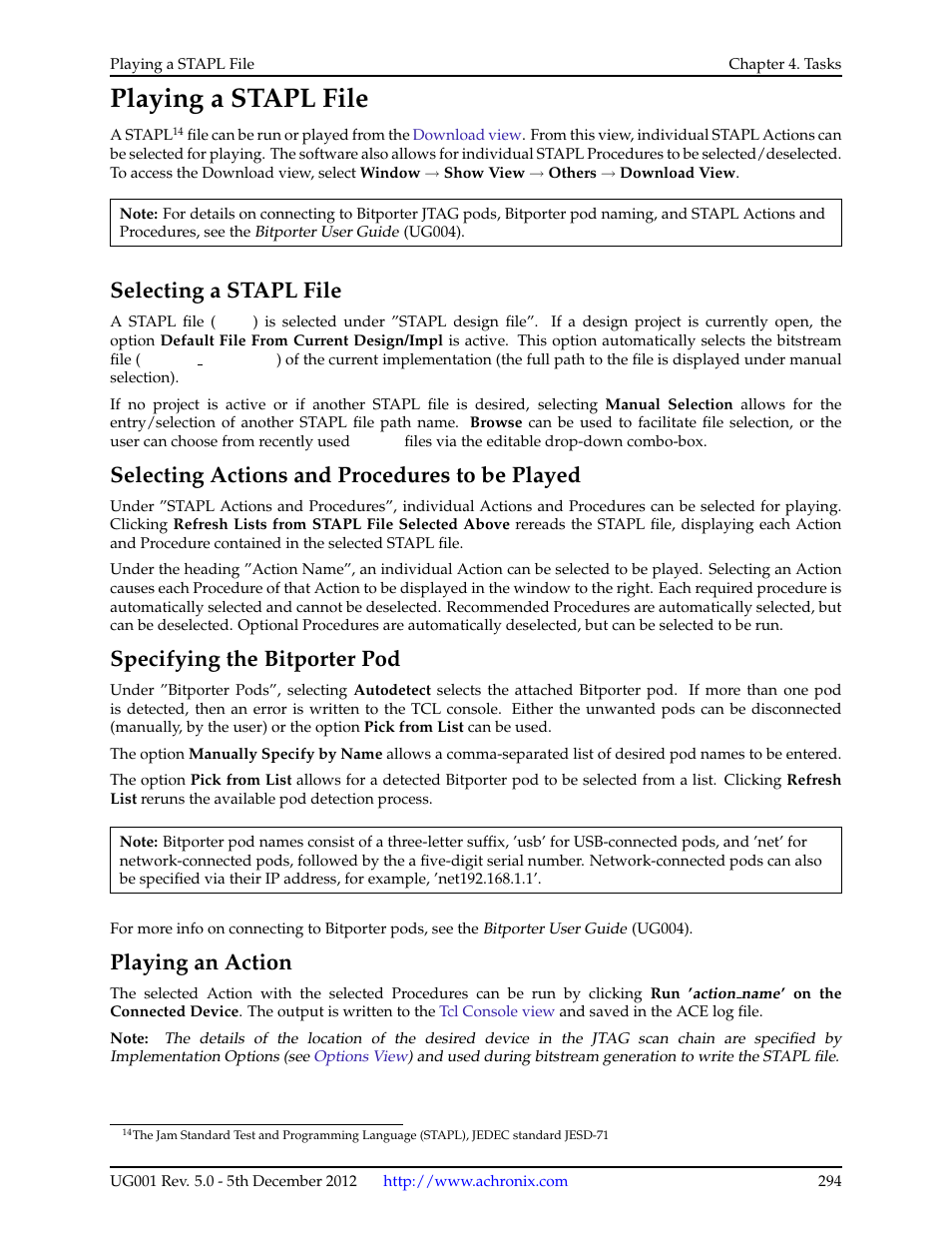 Playing a stapl file, Selecting a stapl file, Selecting actions and procedures to be played | Specifying the bitporter pod, Playing an action, 14 playing a stapl file, 1 selecting a stapl file, 2 selecting actions and procedures to be played, 3 specifying the bitporter pod, 4 playing an action | Achronix ACE Version 5.0 User Manual | Page 306 / 389