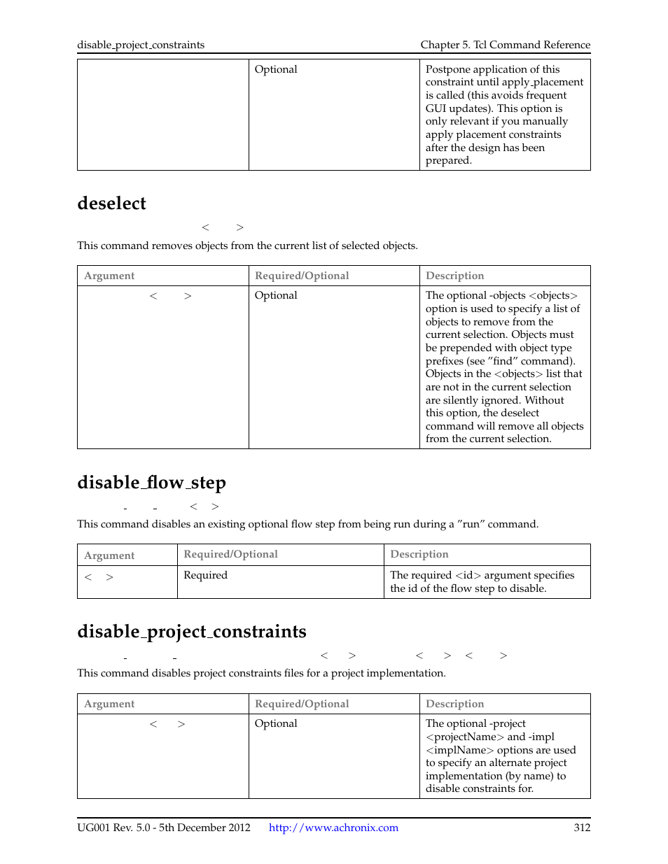 Deselect, Disable_flow_step, Disable_project_constraints | 26 deselect, 27 disable flow step, 28 disable project constraints, Disable flow step, Disable project constraints | Achronix ACE Version 5.0 User Manual | Page 324 / 389