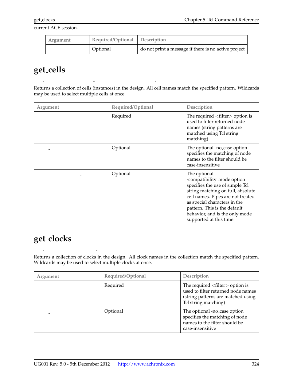 Get_cells, Get_clocks, 47 get cells | 48 get clocks, Get cells, Get clocks | Achronix ACE Version 5.0 User Manual | Page 336 / 389