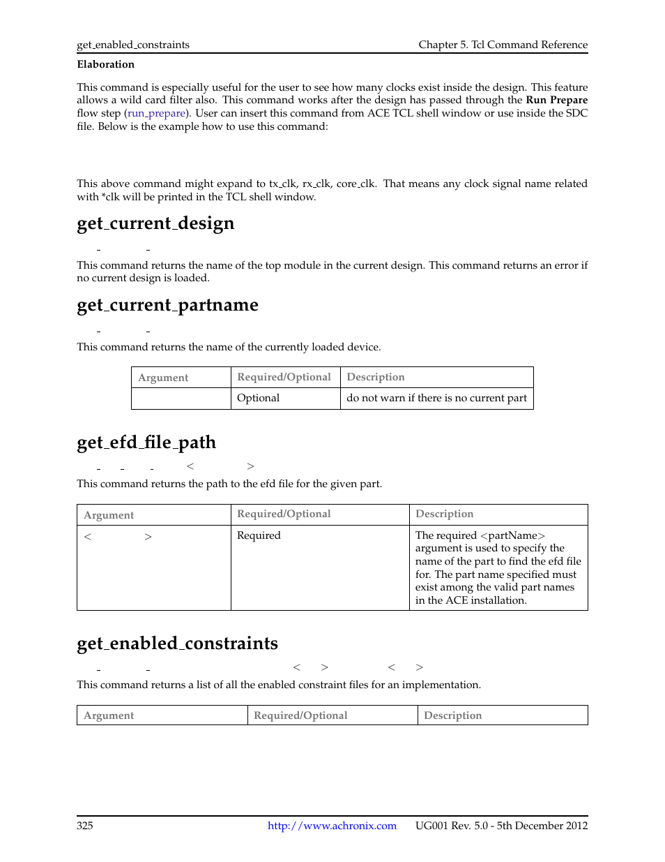 Get_current_design, Get_current_partname, Get_efd_file_path | Get_enabled_constraints, 49 get current design, 50 get current partname, 51 get efd file path, 52 get enabled constraints, Get current design, Get current partname | Achronix ACE Version 5.0 User Manual | Page 337 / 389