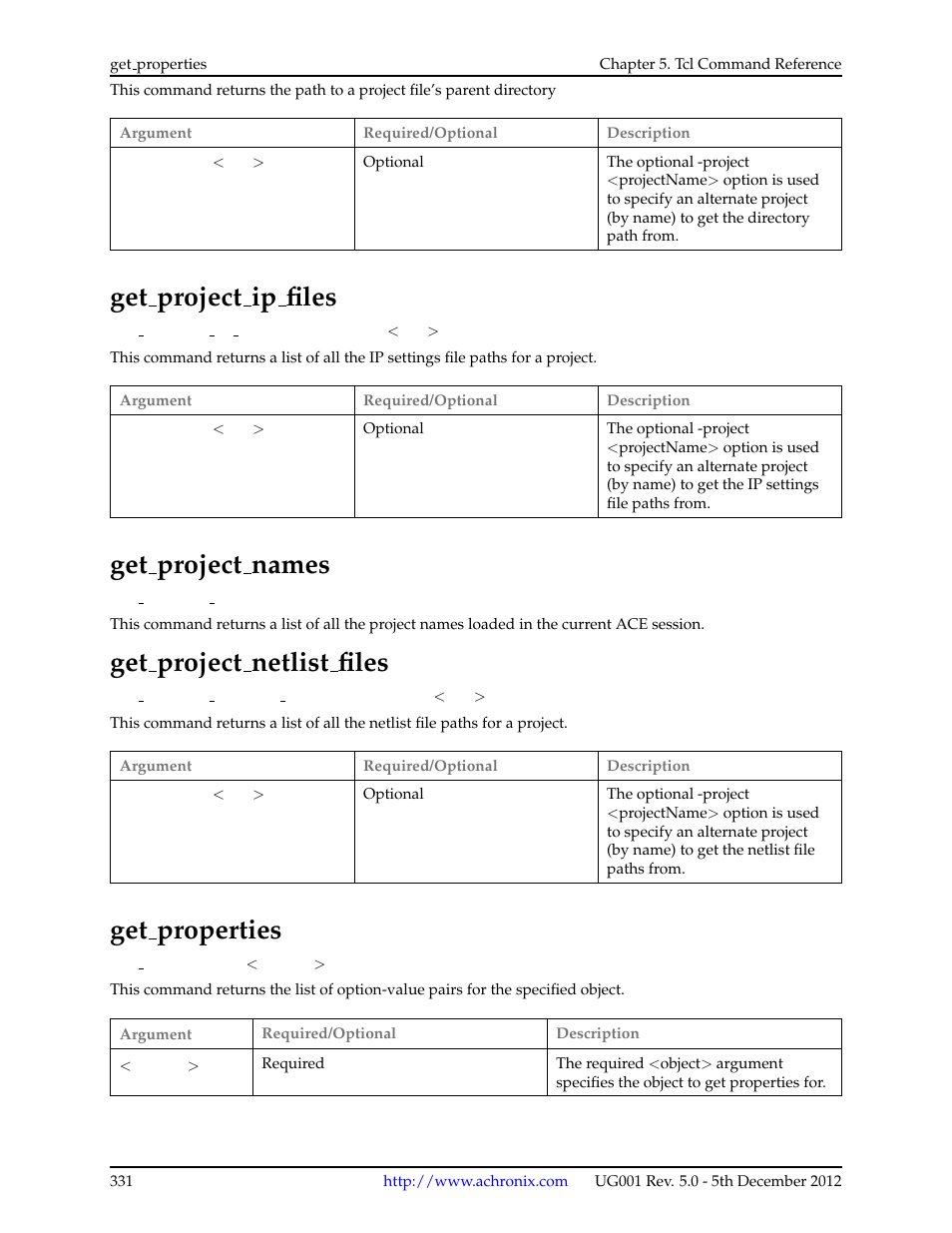 Get_project_ip_files, Get_project_names, Get_project_netlist_files | Get_properties, 68 get project ip files, 69 get project names, 70 get project netlist files, 71 get properties, Get project ip files, Get project names | Achronix ACE Version 5.0 User Manual | Page 343 / 389