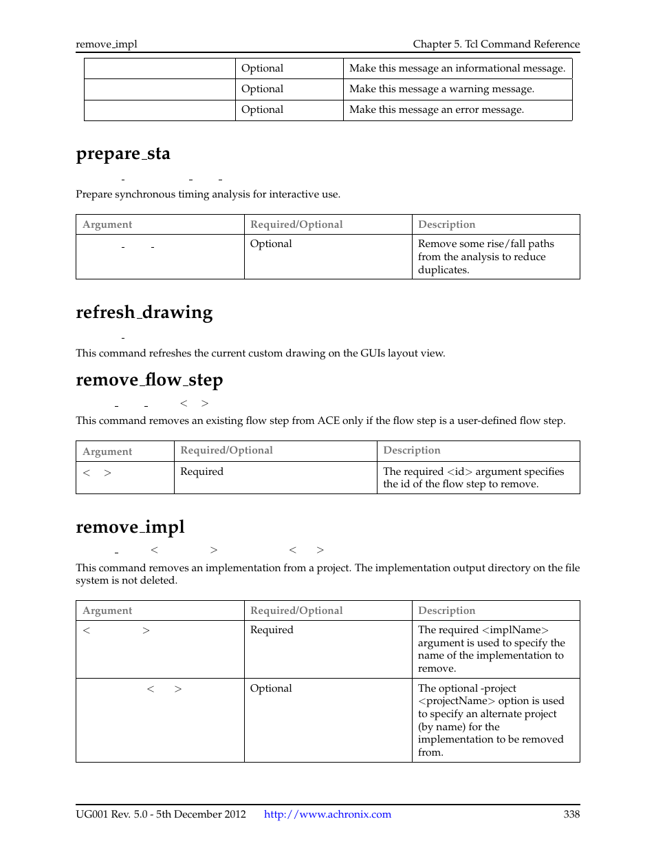Prepare_sta, Refresh_drawing, Remove_flow_step | Remove_impl, 88 prepare sta, 89 refresh drawing, 90 remove flow step, 91 remove impl, Prepare sta, Refresh drawing | Achronix ACE Version 5.0 User Manual | Page 350 / 389